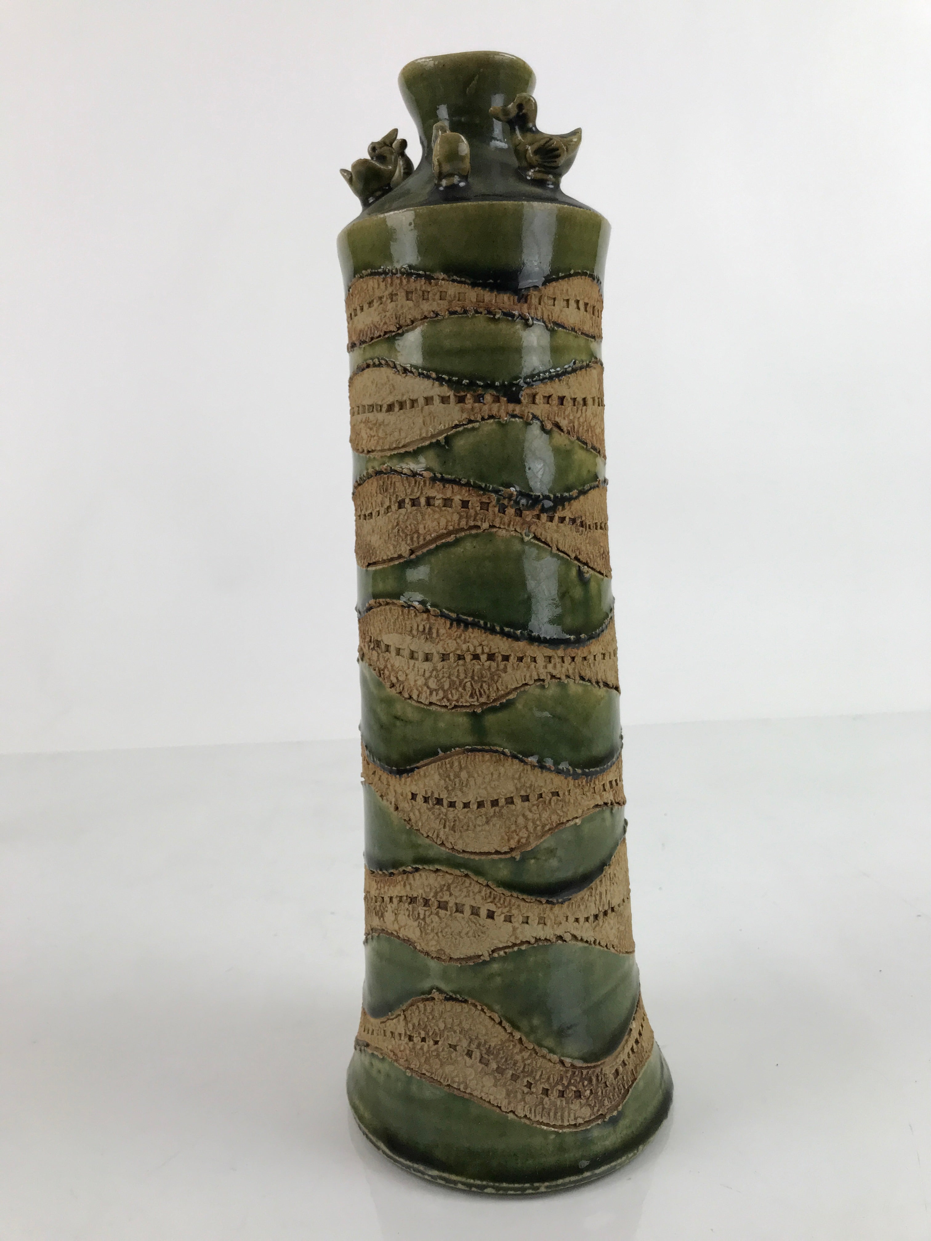 Japanese Pottery Flower Vase Vtg Long Tall Oribe Decorative Ducks Green PX743