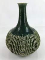 Japanese Pottery Flower Vase Vtg Round Long Neck Oribe Dark Green W/ Box PX744