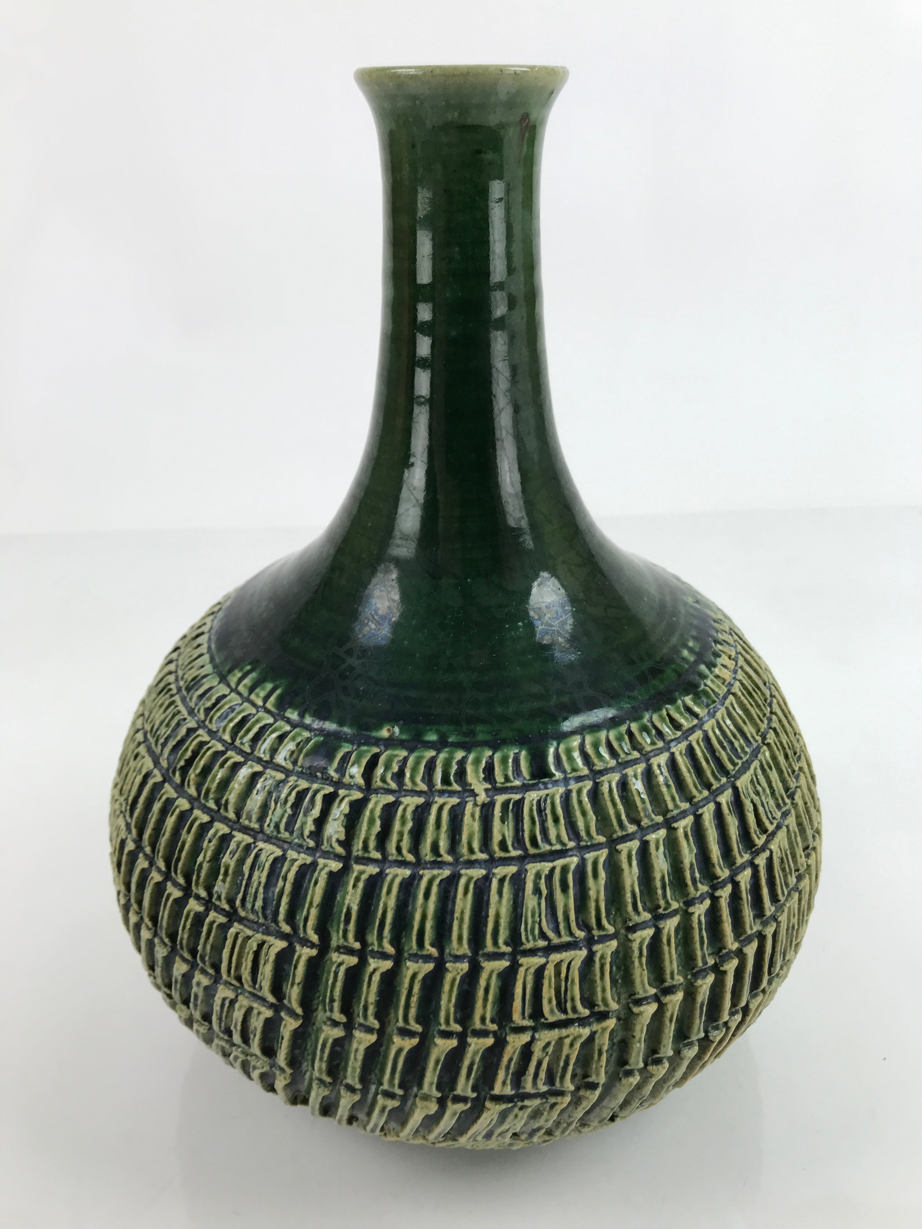 Japanese Pottery Flower Vase Vtg Round Long Neck Oribe Dark Green W/ Box PX744