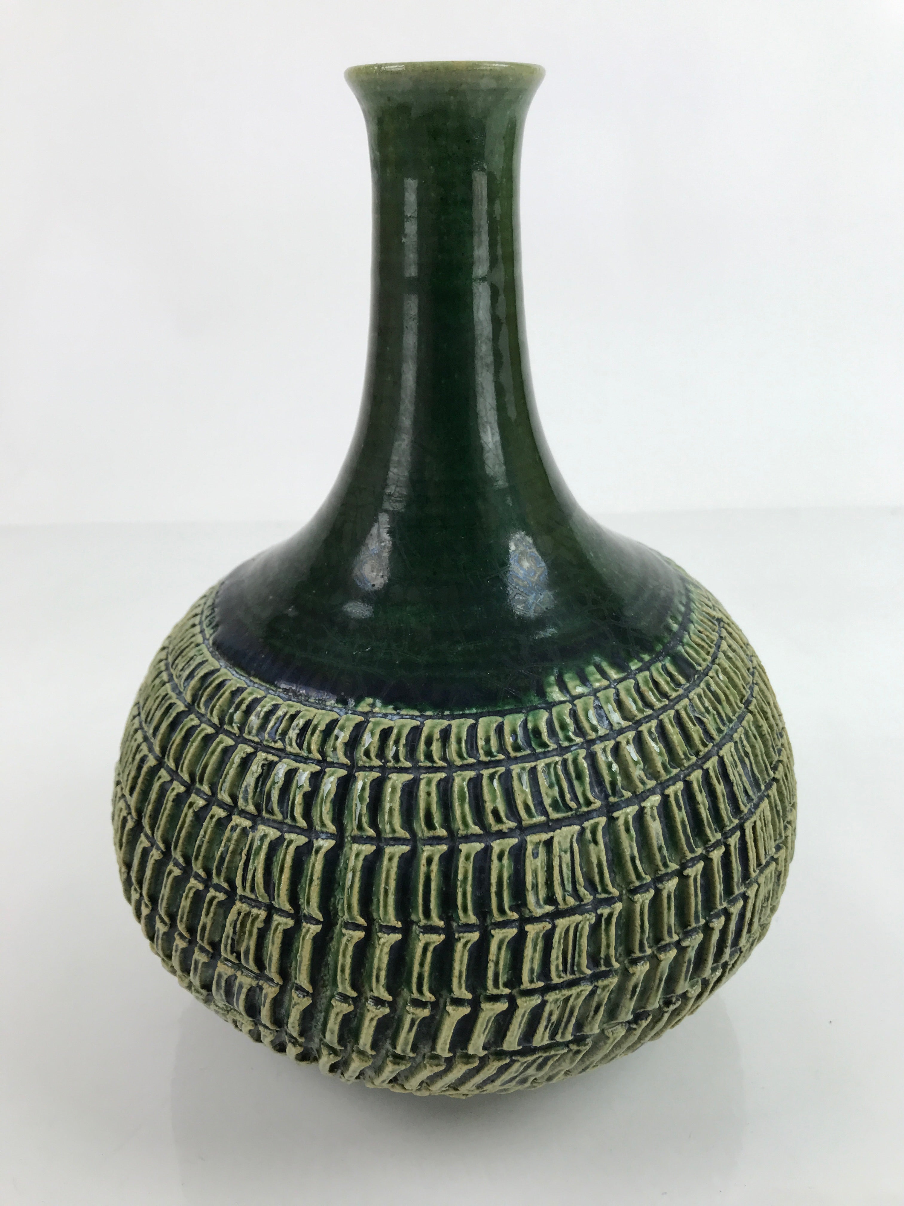 Japanese Pottery Flower Vase Vtg Round Long Neck Oribe Dark Green W/ Box PX744