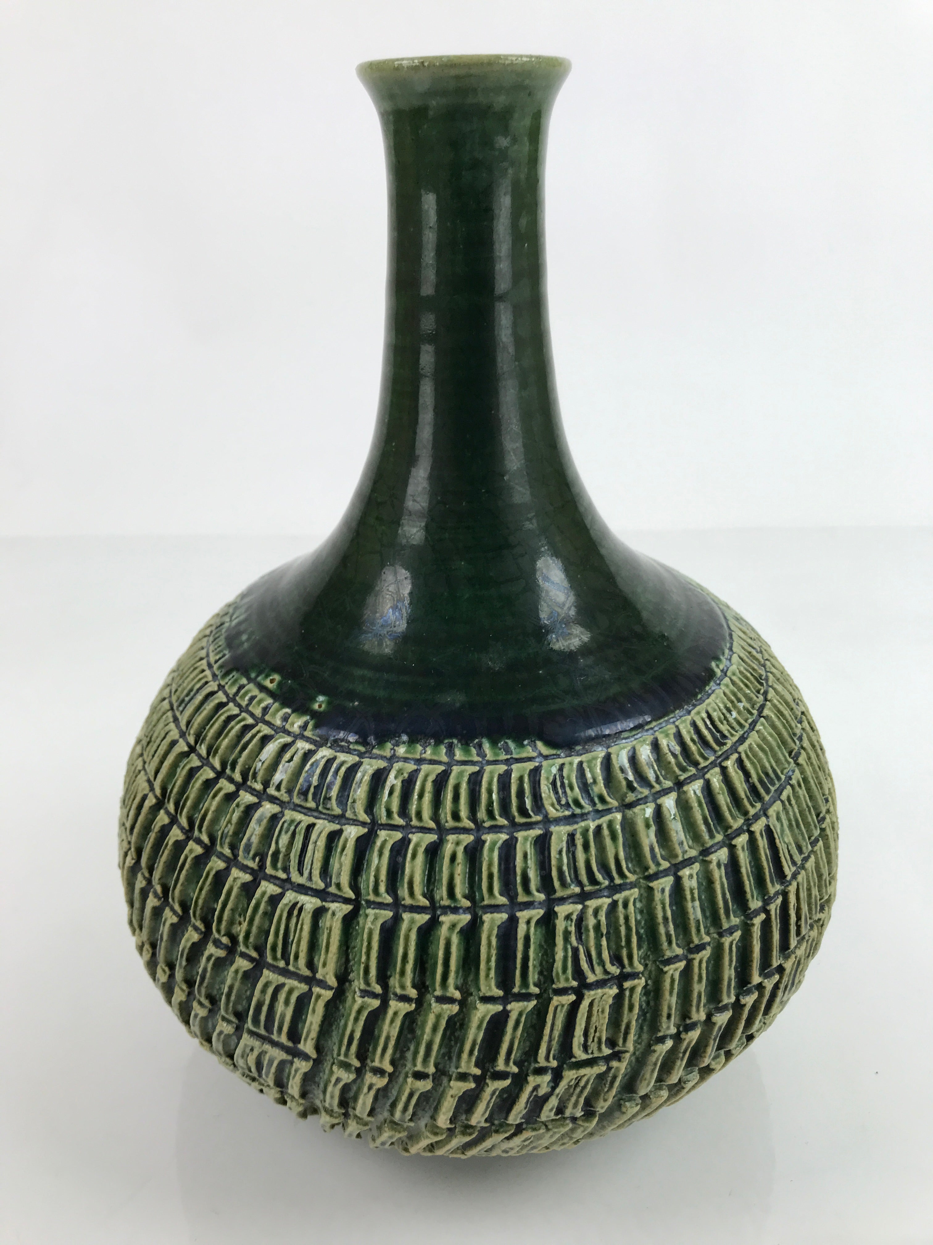 Japanese Pottery Flower Vase Vtg Round Long Neck Oribe Dark Green W/ Box PX744