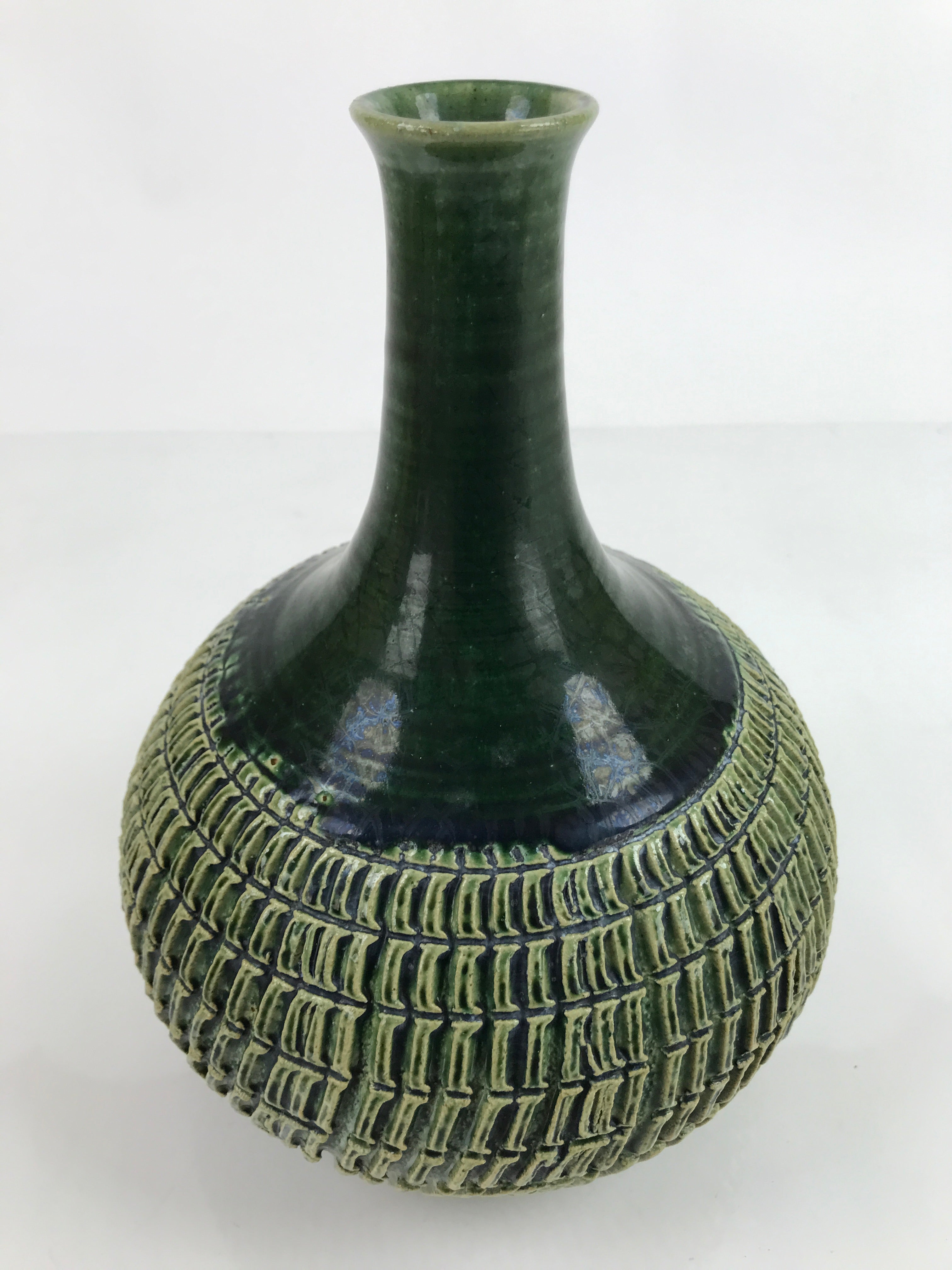 Japanese Pottery Flower Vase Vtg Round Long Neck Oribe Dark Green W/ Box PX744