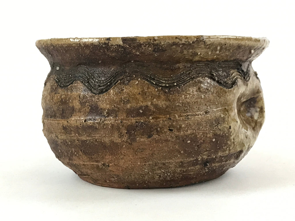 Japanese Pottery Green Tea Bowl Vtg Shigaraki Ware Brown Engraved Chawan CHB1