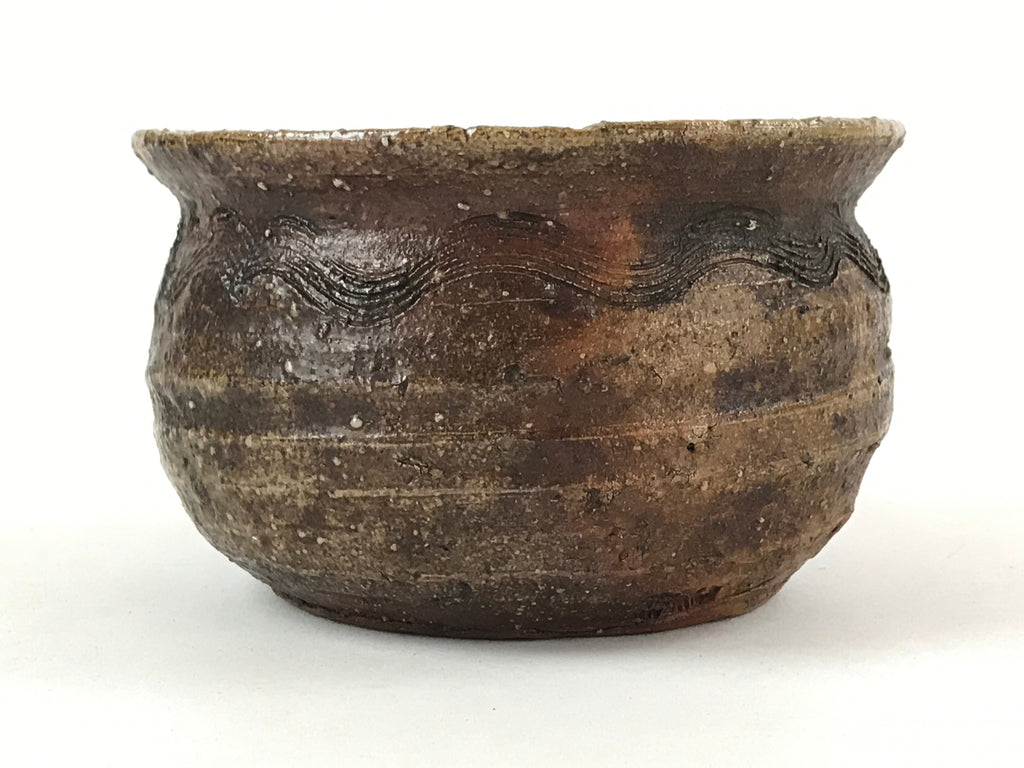 Japanese Pottery Green Tea Bowl Vtg Shigaraki Ware Brown Engraved Chawan CHB1