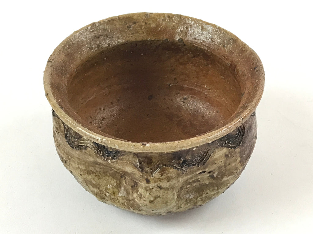 Japanese Pottery Green Tea Bowl Vtg Shigaraki Ware Brown Engraved Chawan CHB1