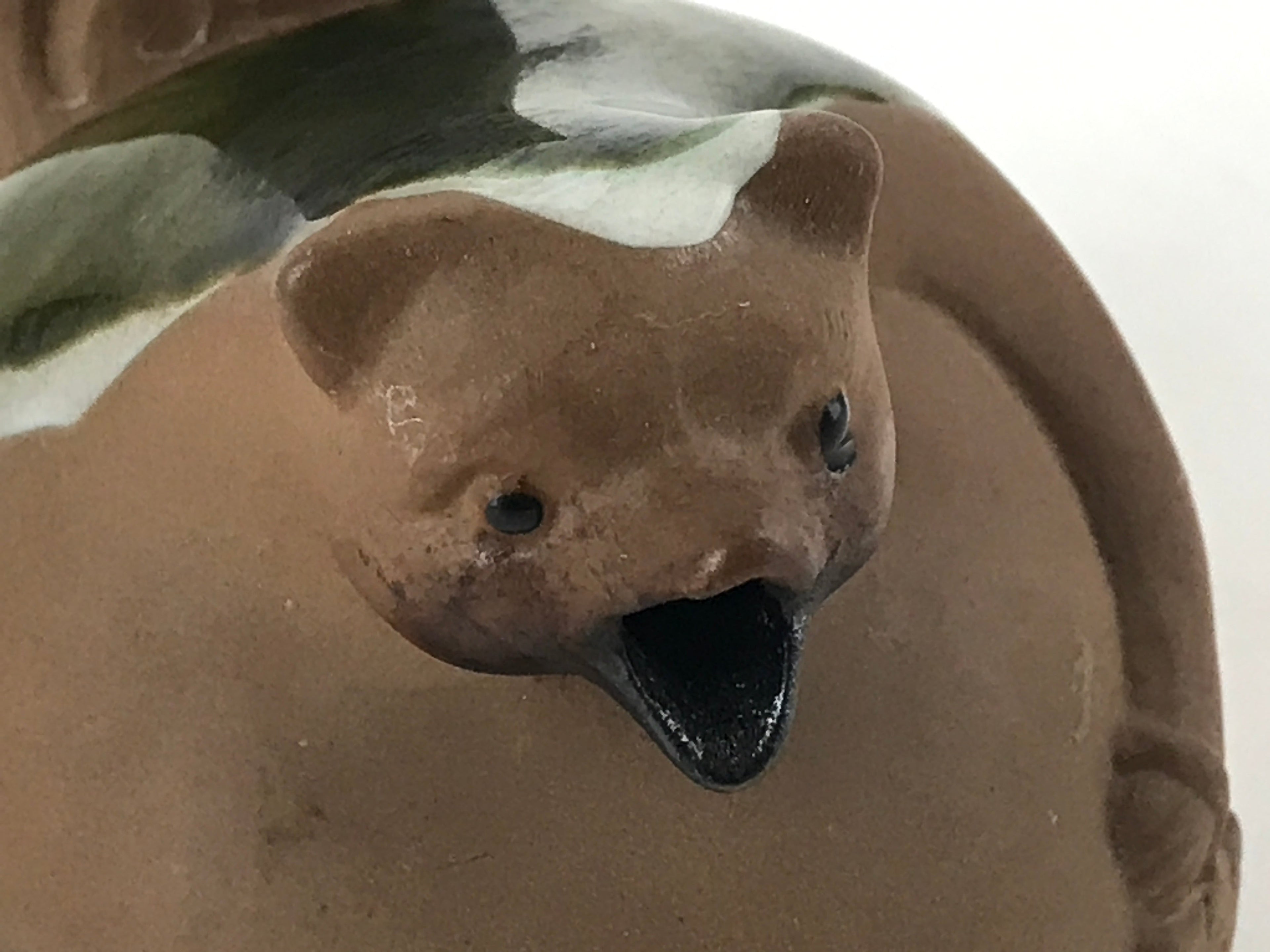 Japanese Pottery Sake Bottle Tokkuri Ichigo Vtg Tanuki Brown Green Glaze TS572