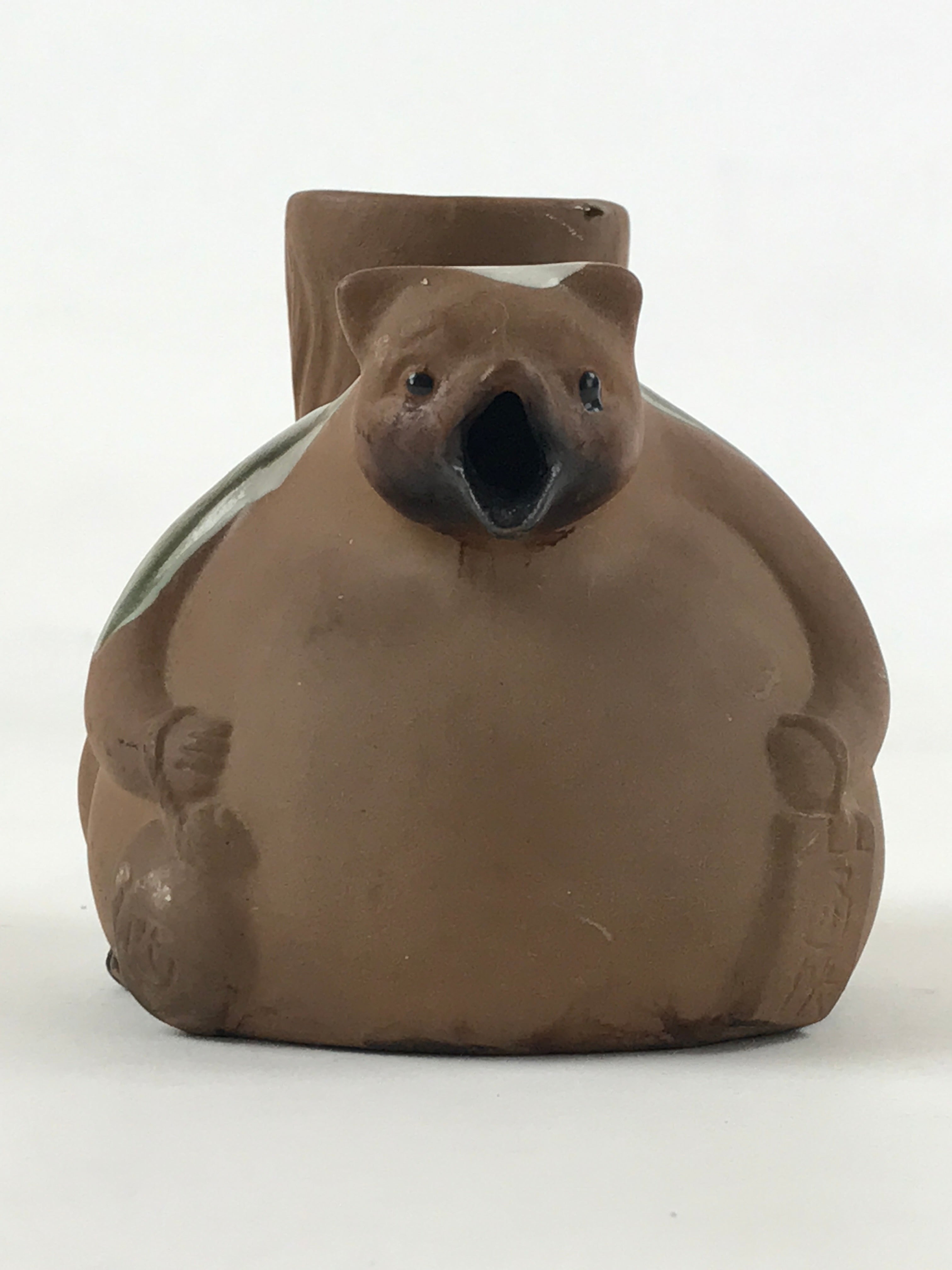 Japanese Pottery Sake Bottle Tokkuri Ichigo Vtg Tanuki Brown Green Glaze TS572
