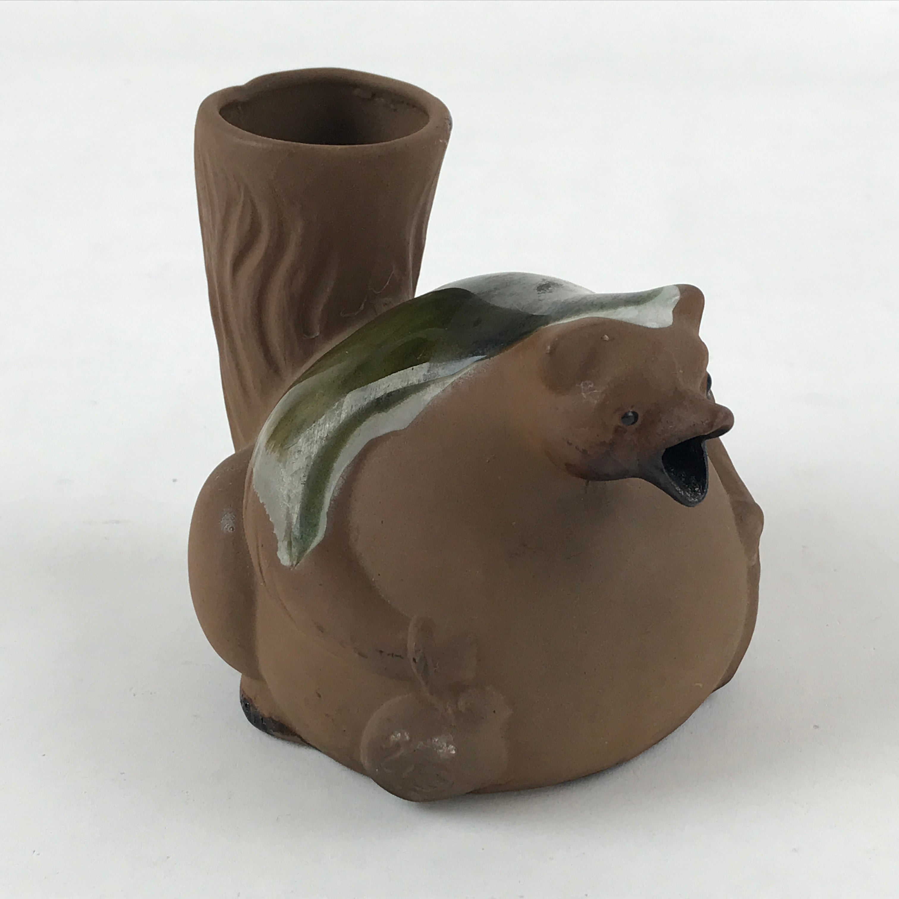 Japanese Pottery Sake Bottle Tokkuri Ichigo Vtg Tanuki Brown Green Glaze TS572