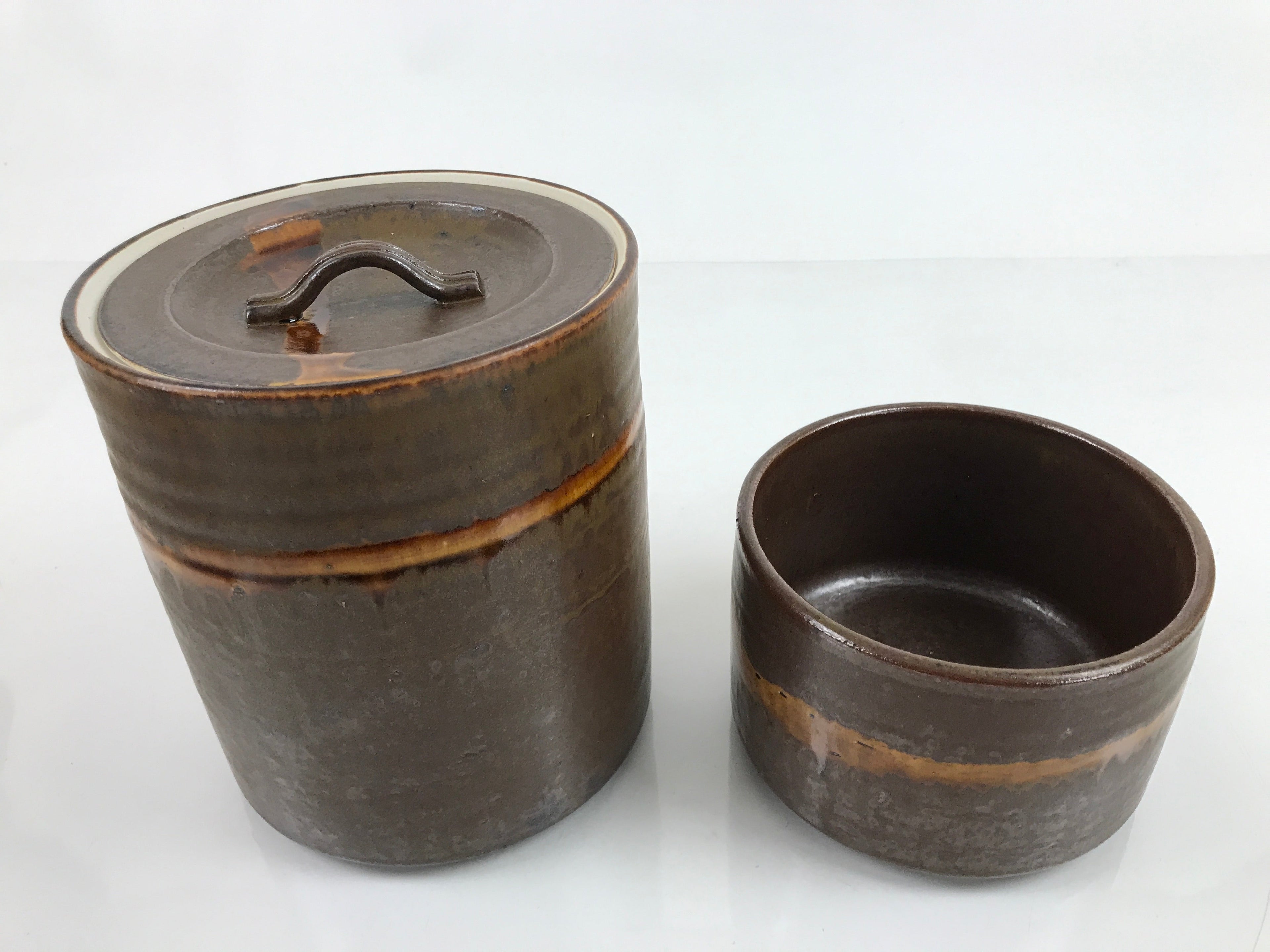 Japanese Pottery Tea Ceremony 4 Pieces Set Vtg Iron Glaze Brown W/ Box PX741
