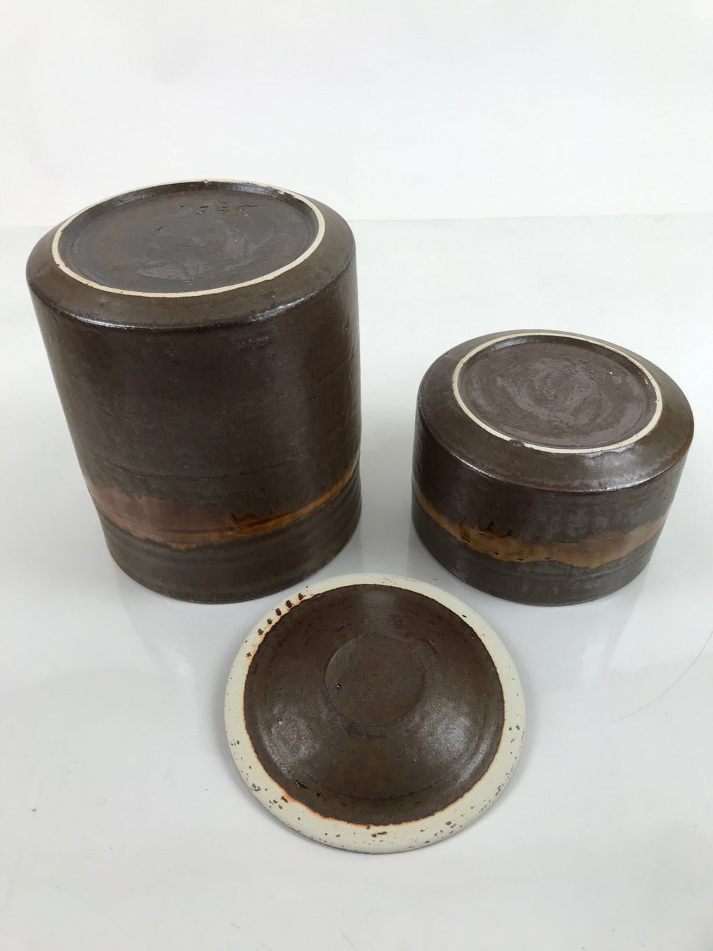 Japanese Pottery Tea Ceremony 4 Pieces Set Vtg Iron Glaze Brown W/ Box PX741