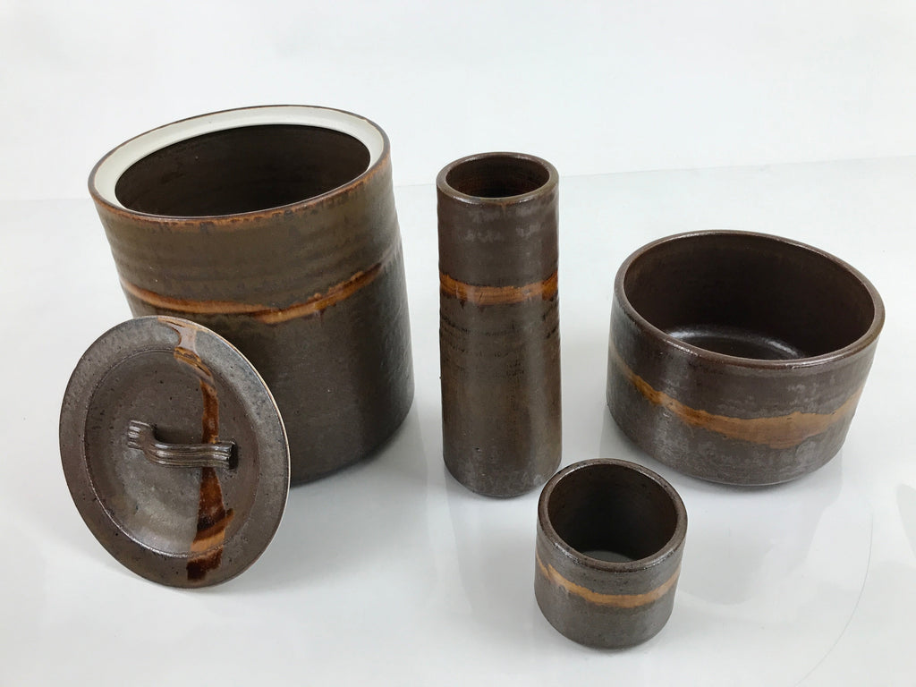 Japanese Pottery Tea Ceremony 4 Pieces Set Vtg Iron Glaze Brown W/ Box PX741