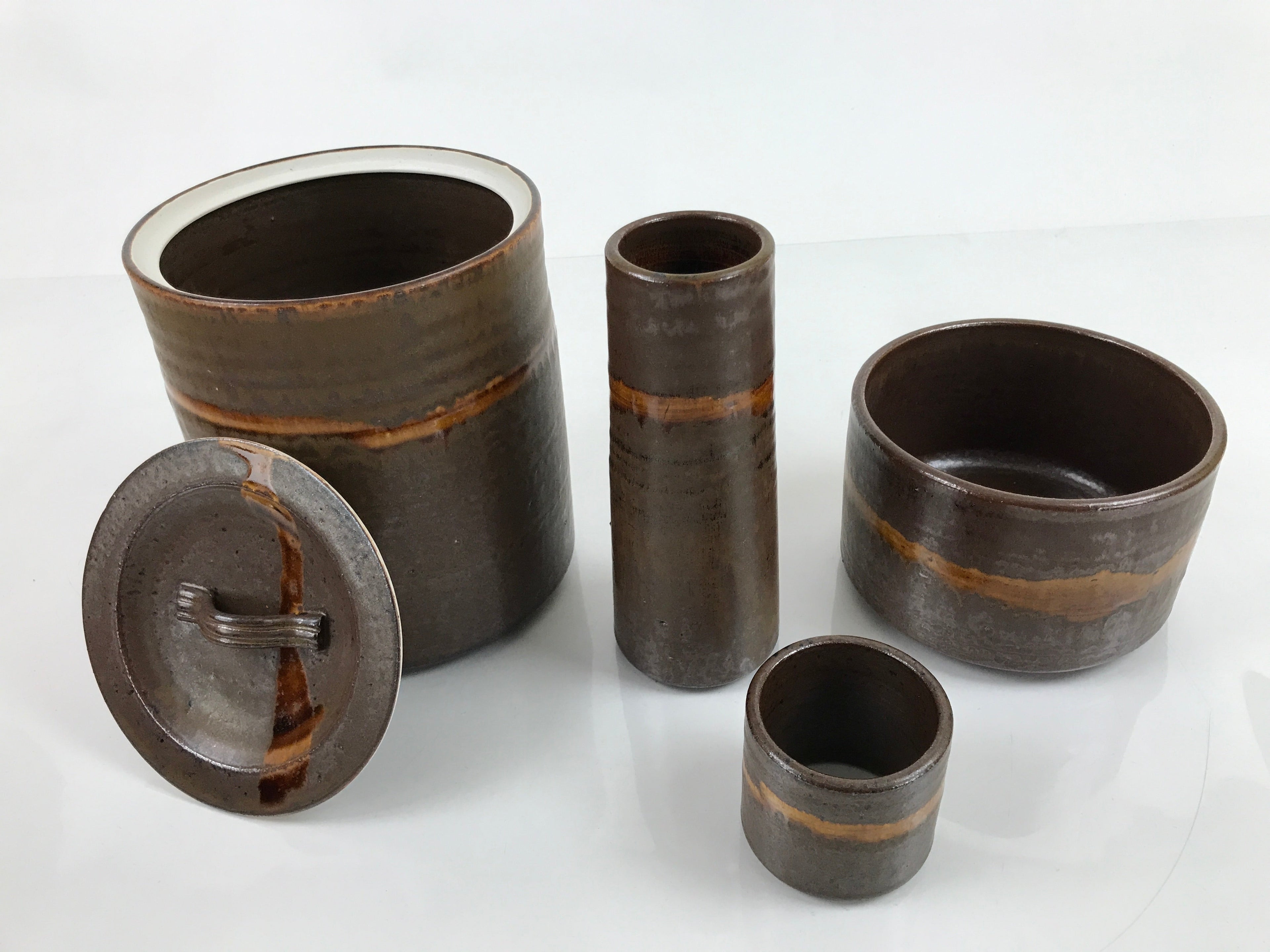 Japanese Pottery Tea Ceremony 4 Pieces Set Vtg Iron Glaze Brown W/ Box PX741