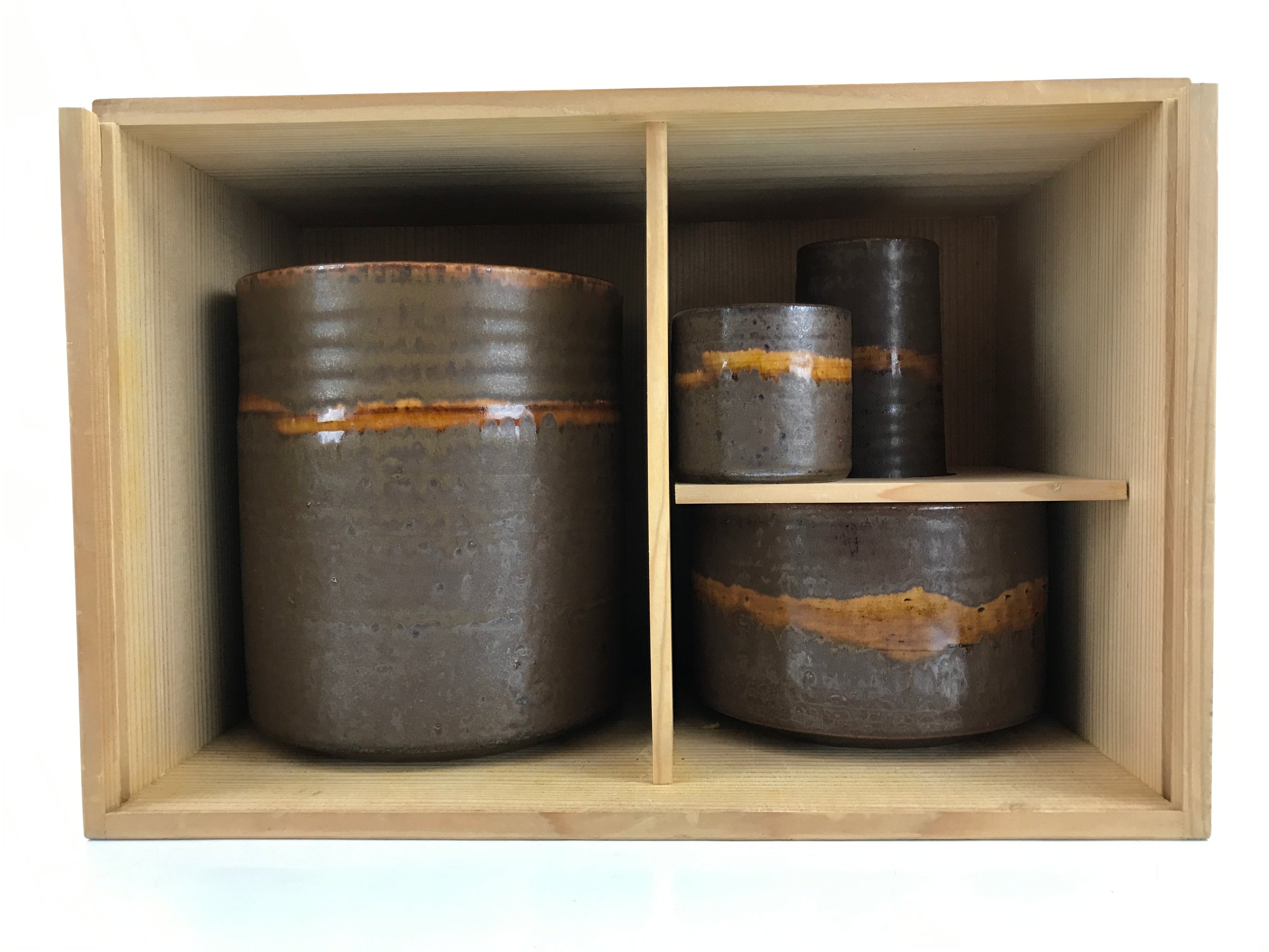 Japanese Pottery Tea Ceremony 4 Pieces Set Vtg Iron Glaze Brown W/ Box PX741