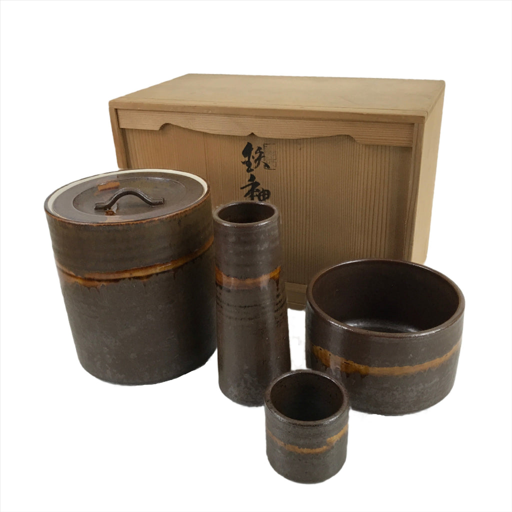 Japanese Pottery Tea Ceremony 4 Pieces Set Vtg Iron Glaze Brown W/ Box PX741