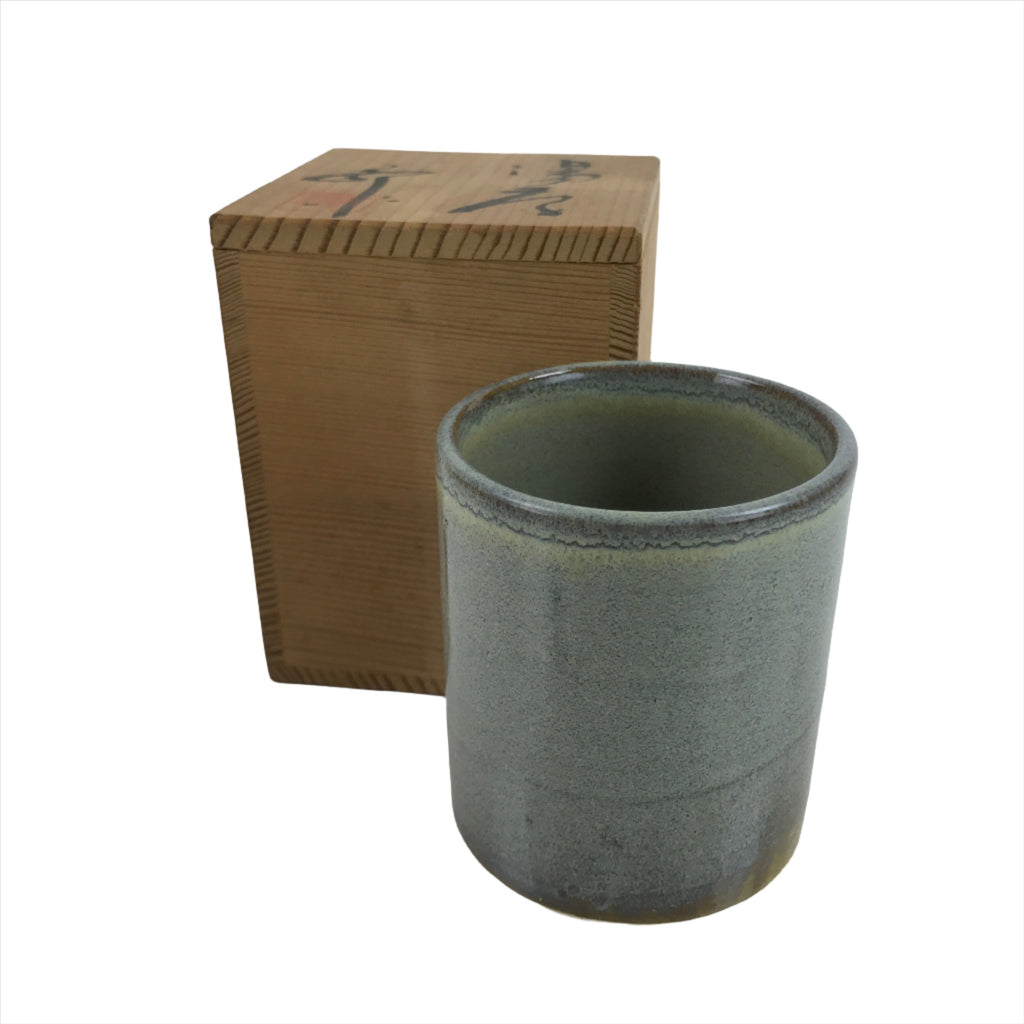 Japanese Pottery Tea Cup Vtg Yunomi Green Brown Akazu Ware W/ Box PX738