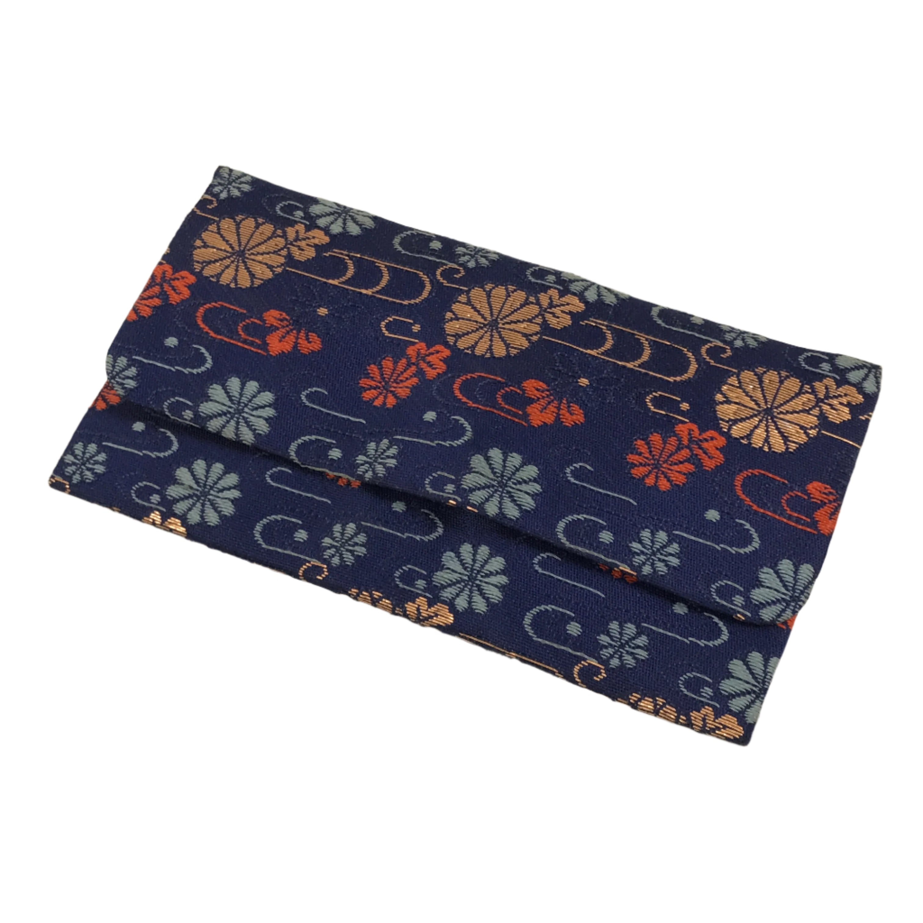 Japanese Prayer Beads Silk Fabric Bag Vtg Juzu-Bukuro Chrysanthemum Blue BA620