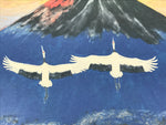 Japanese Printed Art Reproduction Vtg Red Mt Fuji Flying Cranes Shikishi FL494
