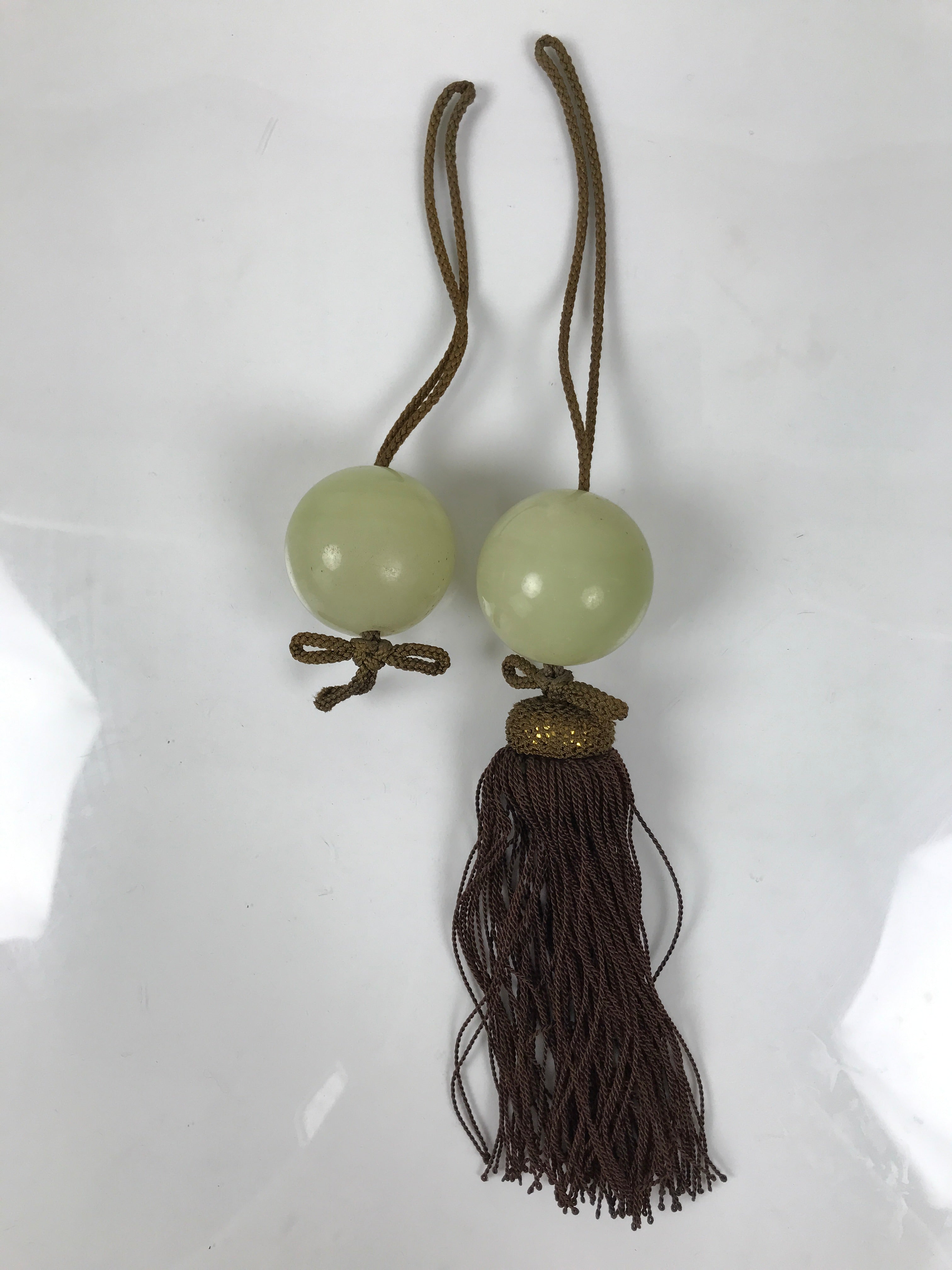 Japanese Quartz Stone Hanging Scroll Weights Fuchin Kakejiku Brown Tassel FC372