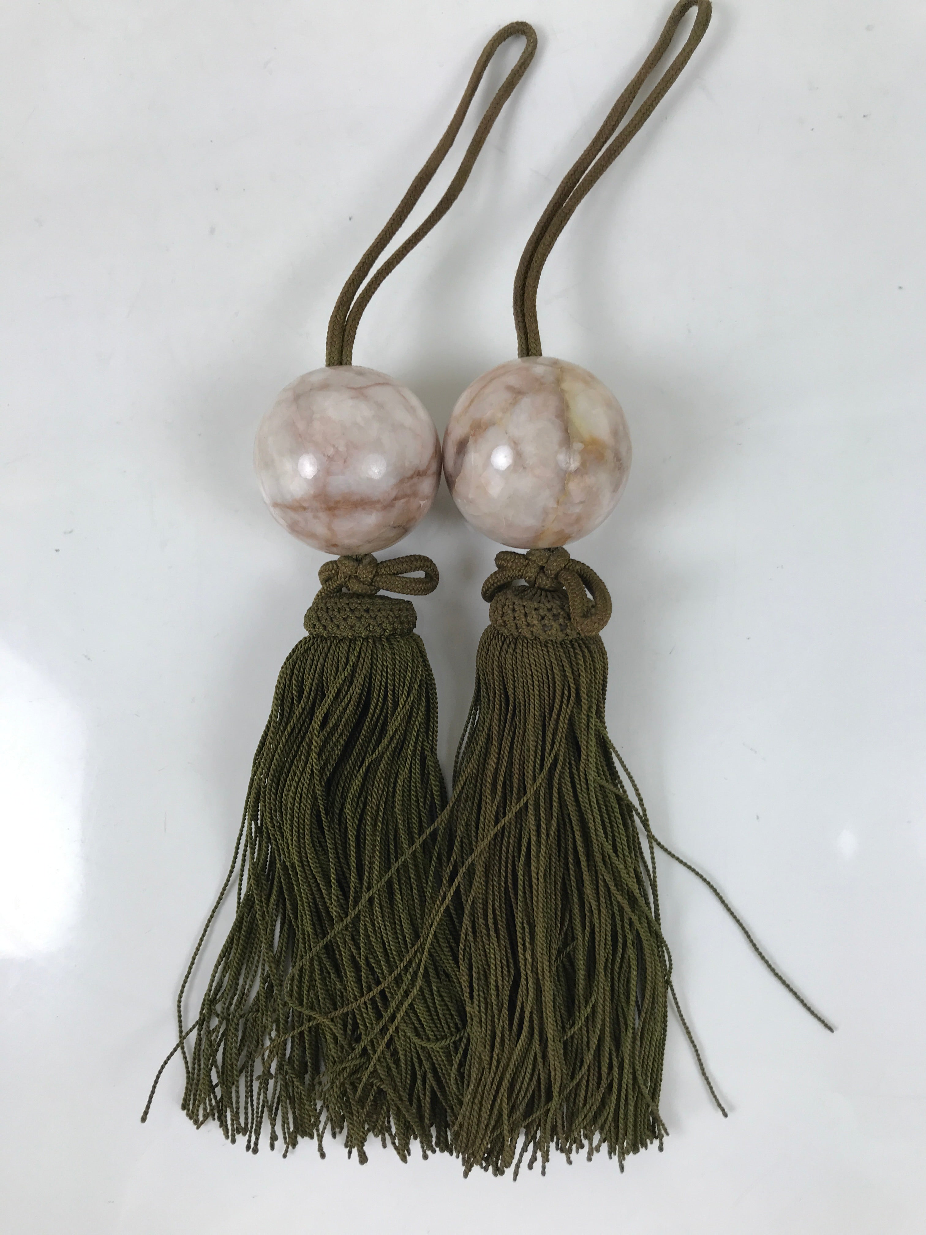 Japanese Quartz Stone Hanging Scroll Weights Fuchin Kakejiku Green Tassel FC356