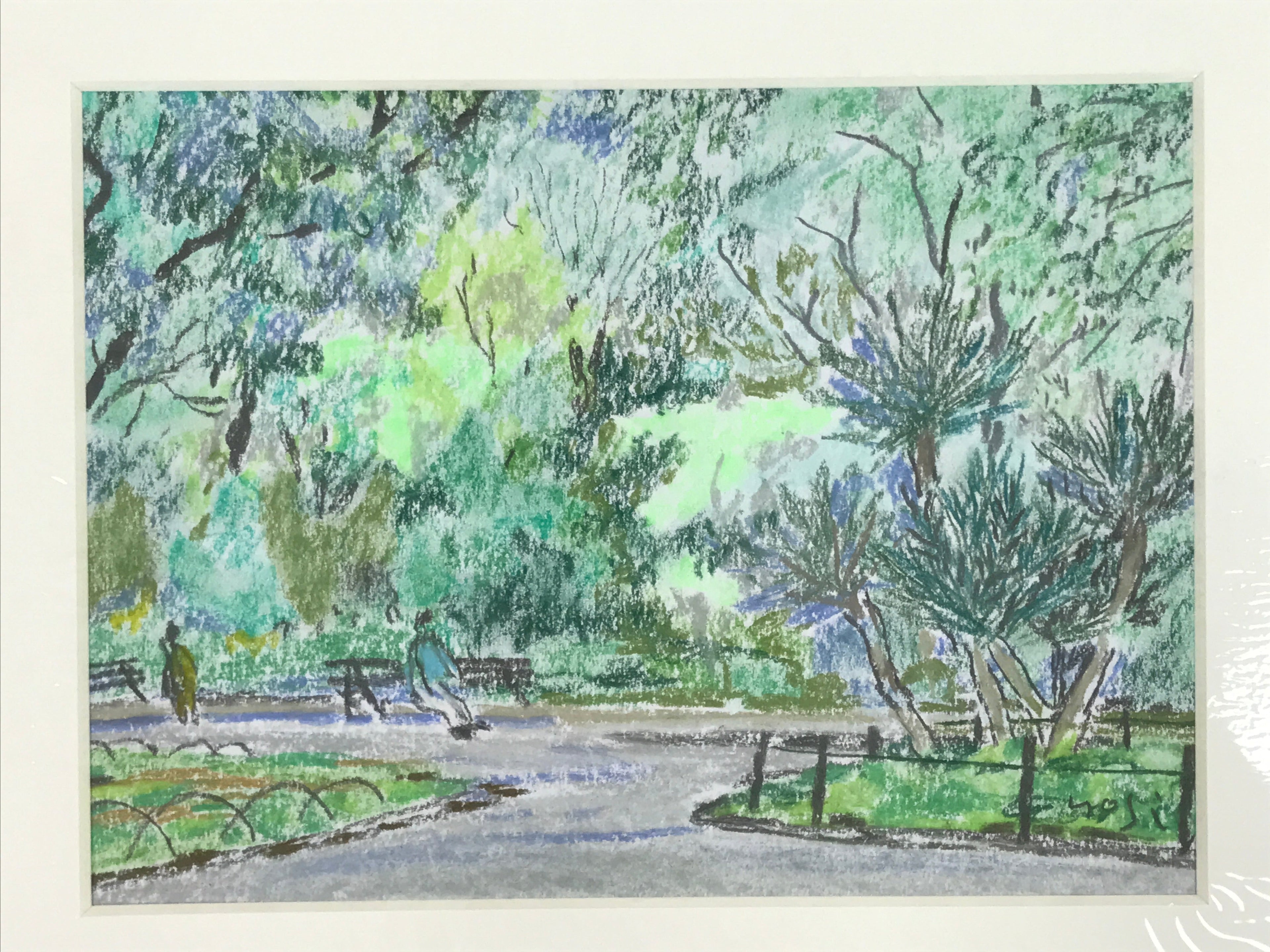Japanese Relaxing Park Scenery Pastel Drawing Art Signed Yoshihiro Hagino FL328