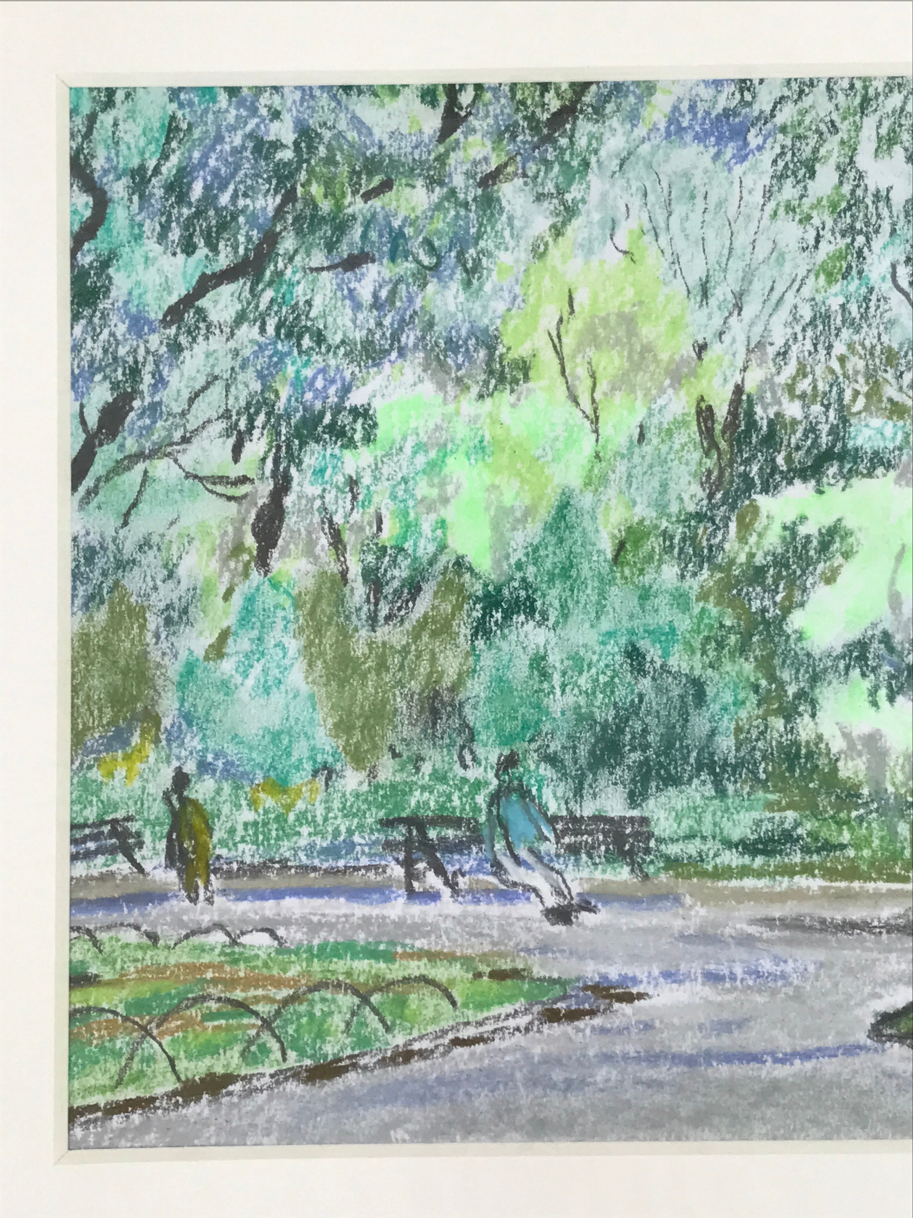 Japanese Relaxing Park Scenery Pastel Drawing Art Signed Yoshihiro Hagino FL328