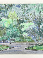 Japanese Relaxing Park Scenery Pastel Drawing Art Signed Yoshihiro Hagino FL328