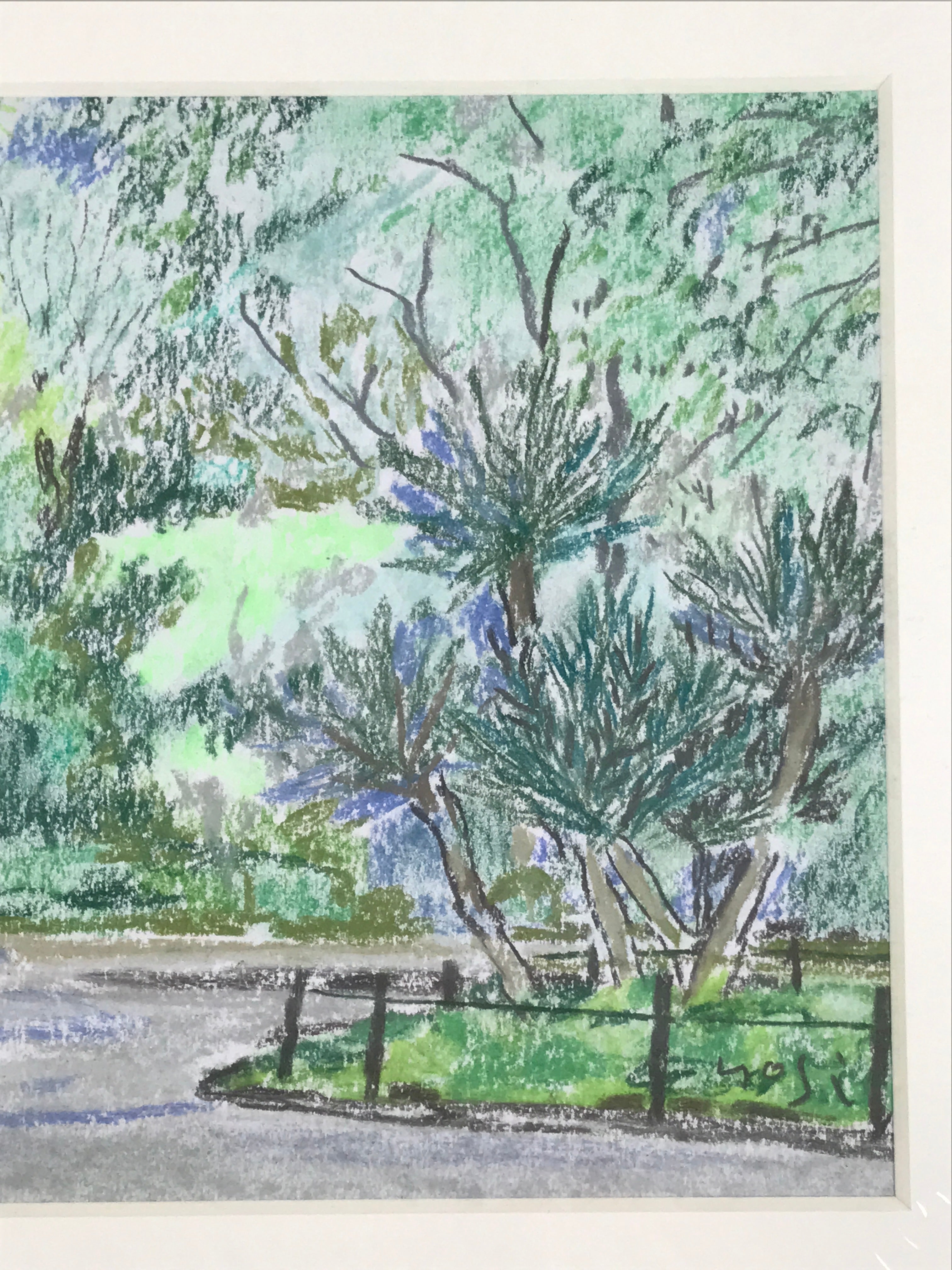 Japanese Relaxing Park Scenery Pastel Drawing Art Signed Yoshihiro Hagino FL328