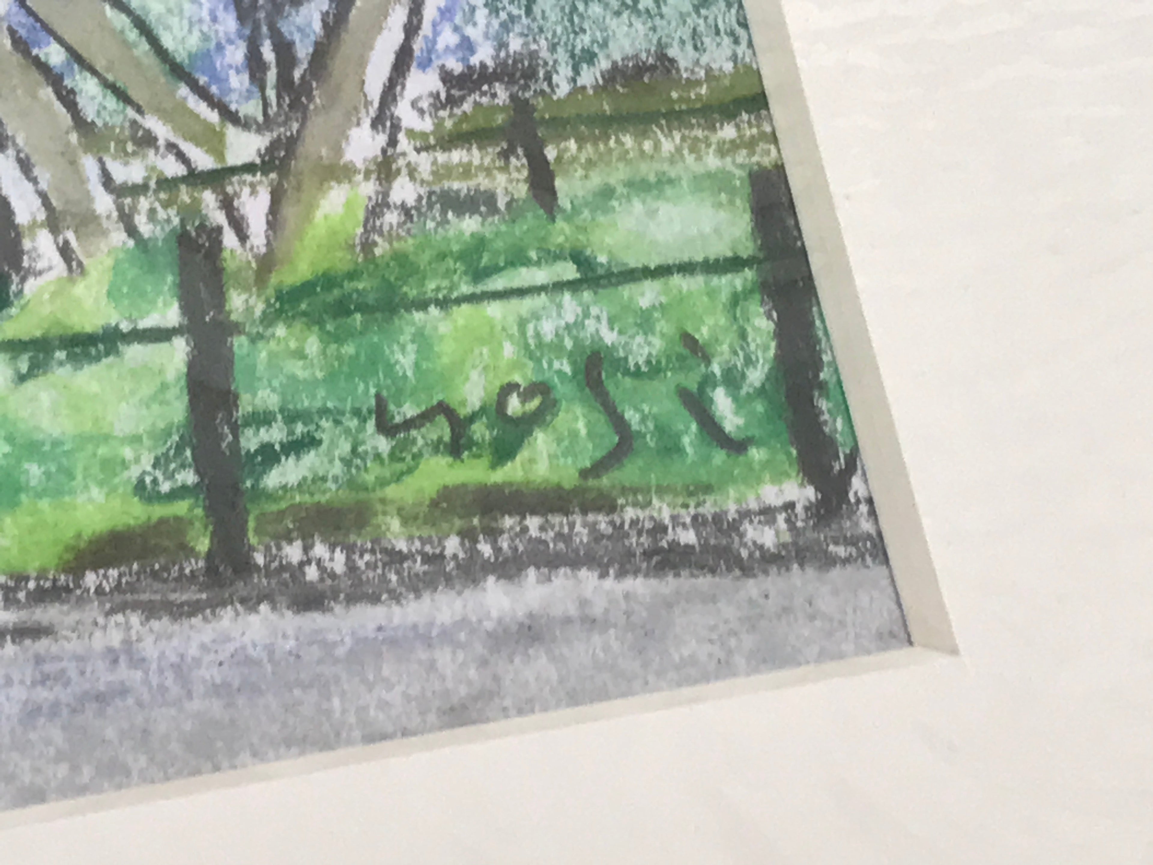 Japanese Relaxing Park Scenery Pastel Drawing Art Signed Yoshihiro Hagino FL328