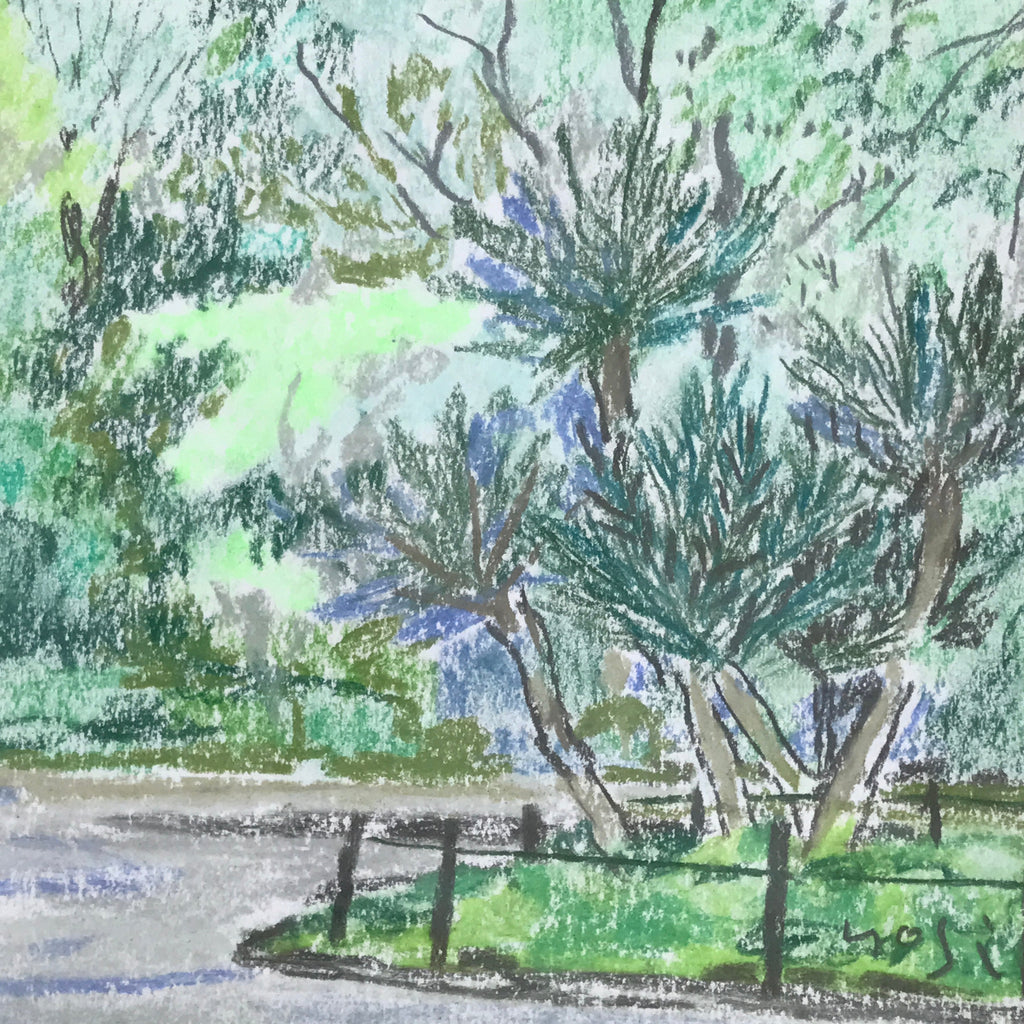 Japanese Relaxing Park Scenery Pastel Drawing Art Signed Yoshihiro Hagino FL328