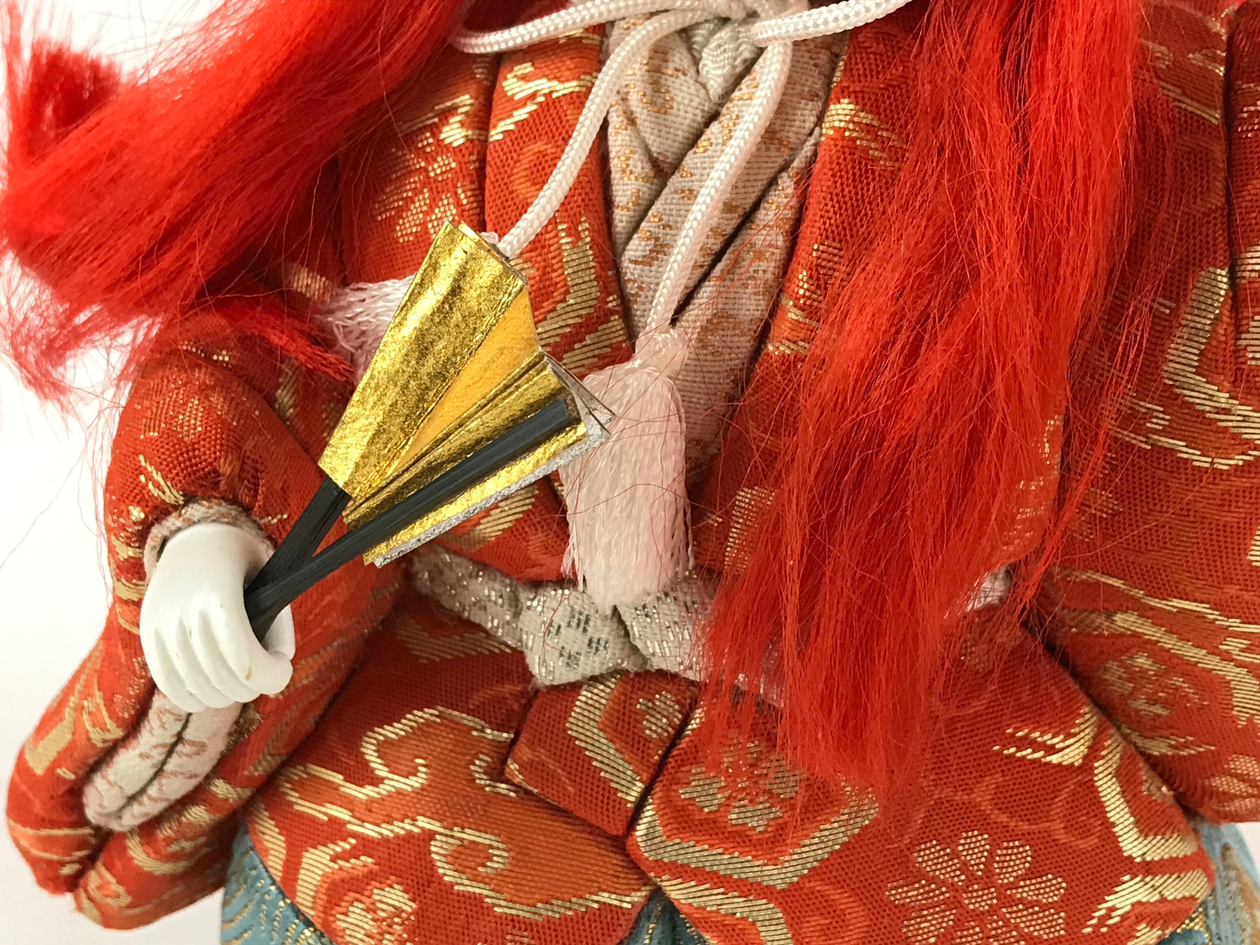 Japanese Renjishi Kabuki Lion Doll Vtg Red Hair Mokume Komi Wood Silk ID541