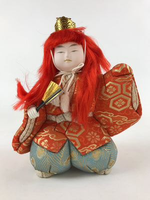 Japanese Renjishi Kabuki Lion Doll Vtg Red Hair Mokume Komi Wood Silk ID541