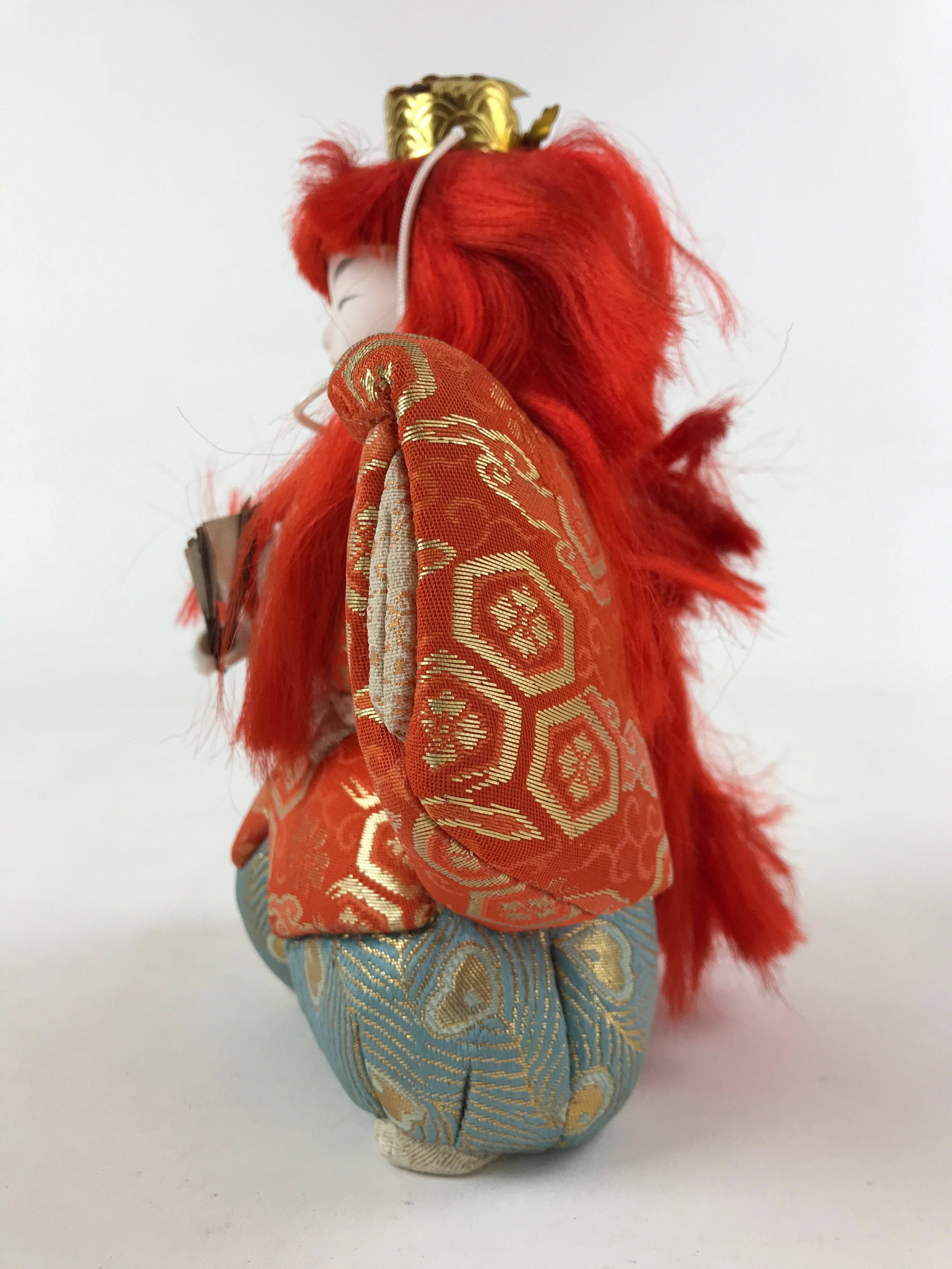 Japanese Renjishi Kabuki Lion Doll Vtg Red Hair Mokume Komi Wood Silk ID541