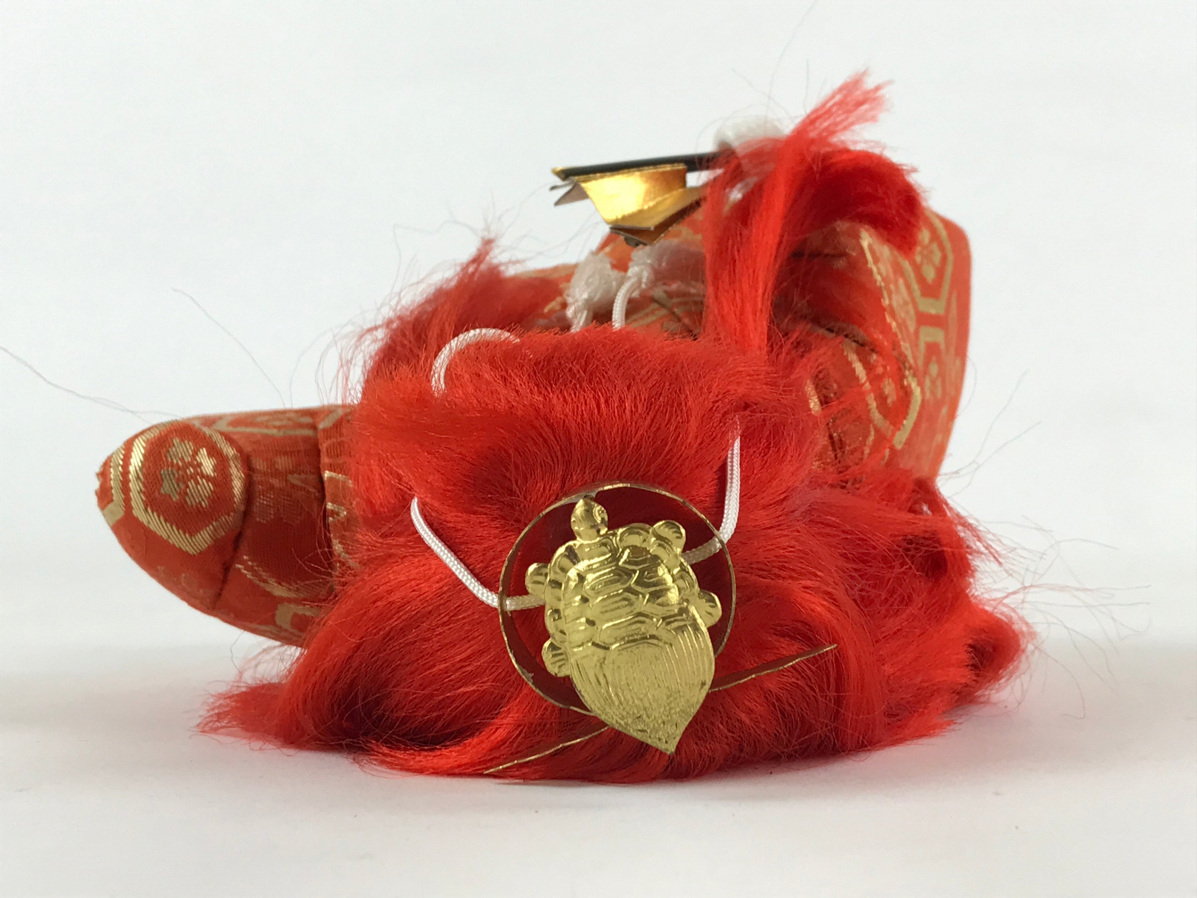Japanese Renjishi Kabuki Lion Doll Vtg Red Hair Mokume Komi Wood Silk ID541