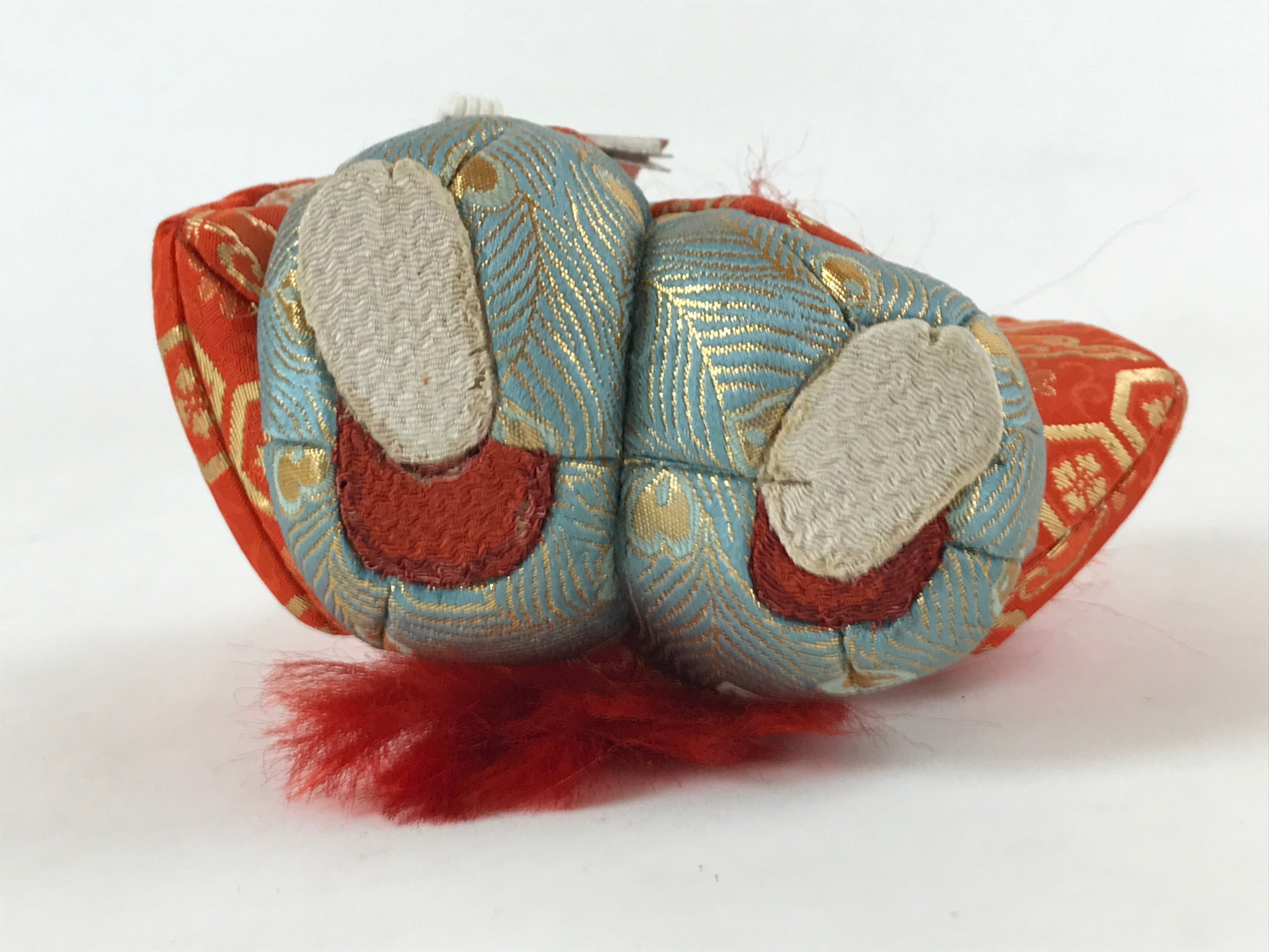 Japanese Renjishi Kabuki Lion Doll Vtg Red Hair Mokume Komi Wood Silk ID541