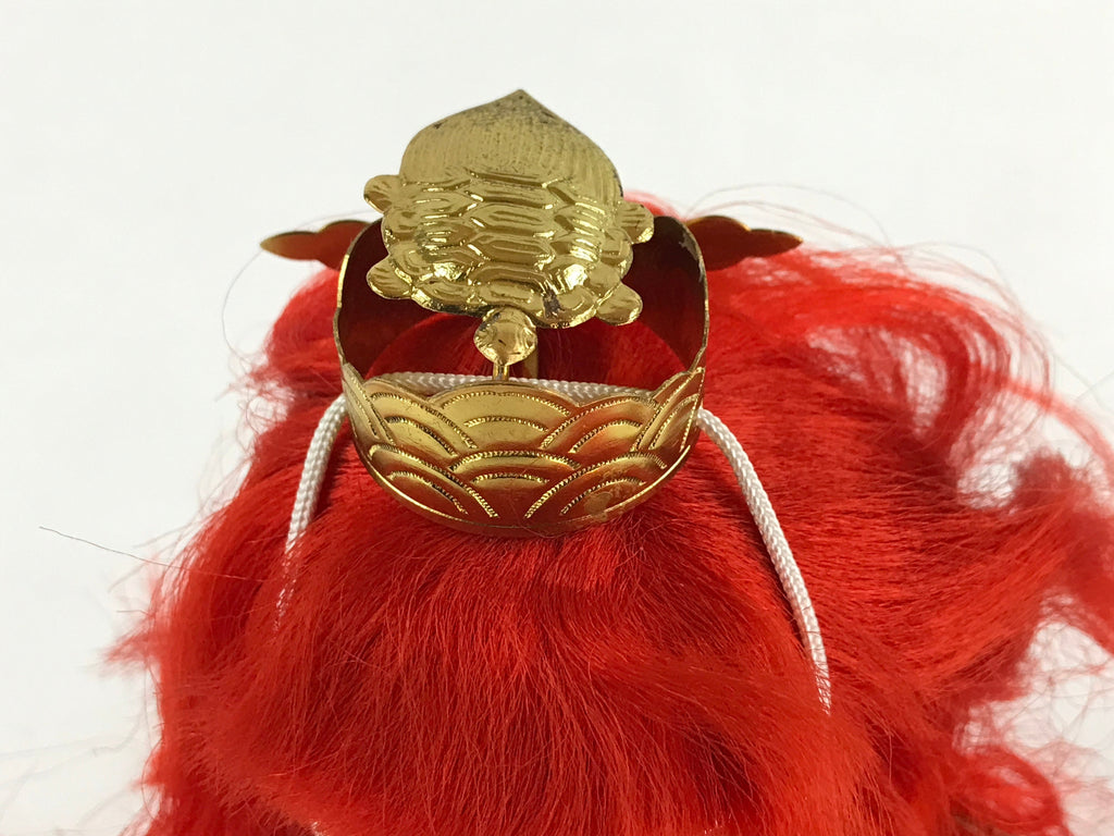 Japanese Renjishi Kabuki Lion Doll Vtg Red Hair Mokume Komi Wood Silk ID541