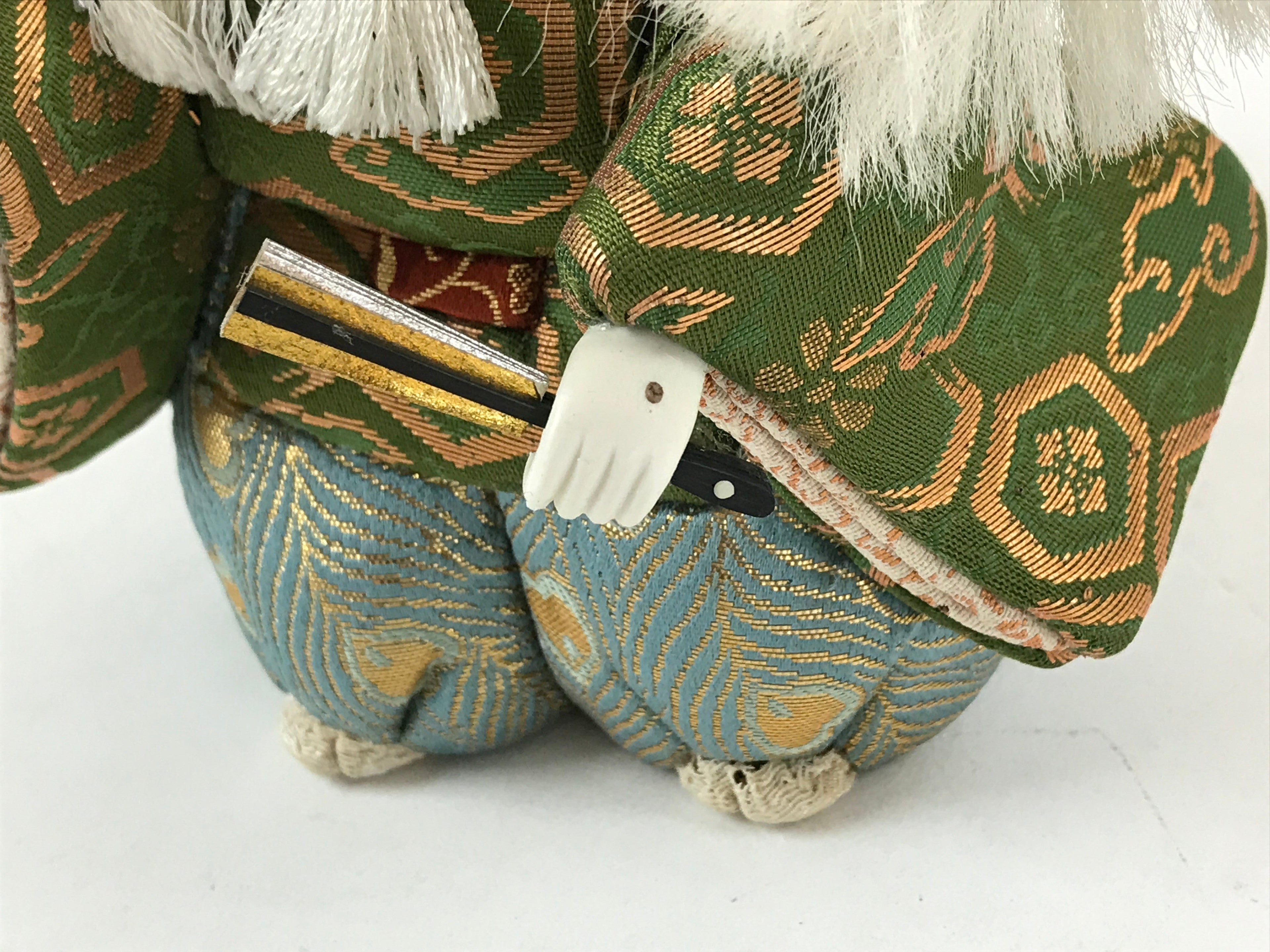 Japanese Renjishi Kabuki Lion Doll Vtg White Hair Mokume Komi Wood Silk ID542