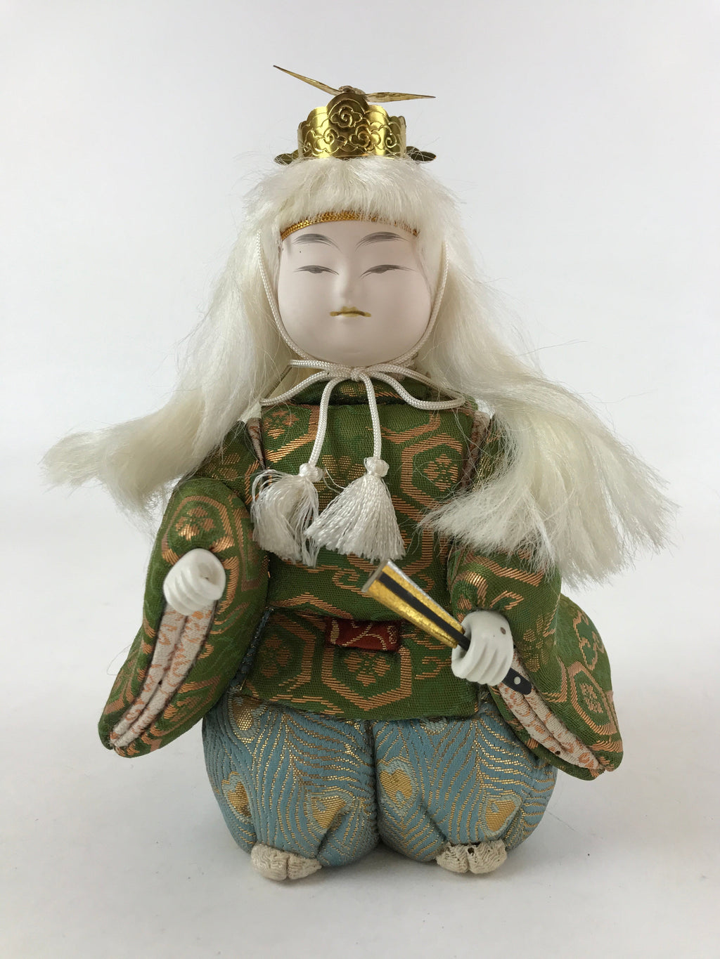 Japanese Renjishi Kabuki Lion Doll Vtg White Hair Mokume Komi Wood Silk ID542