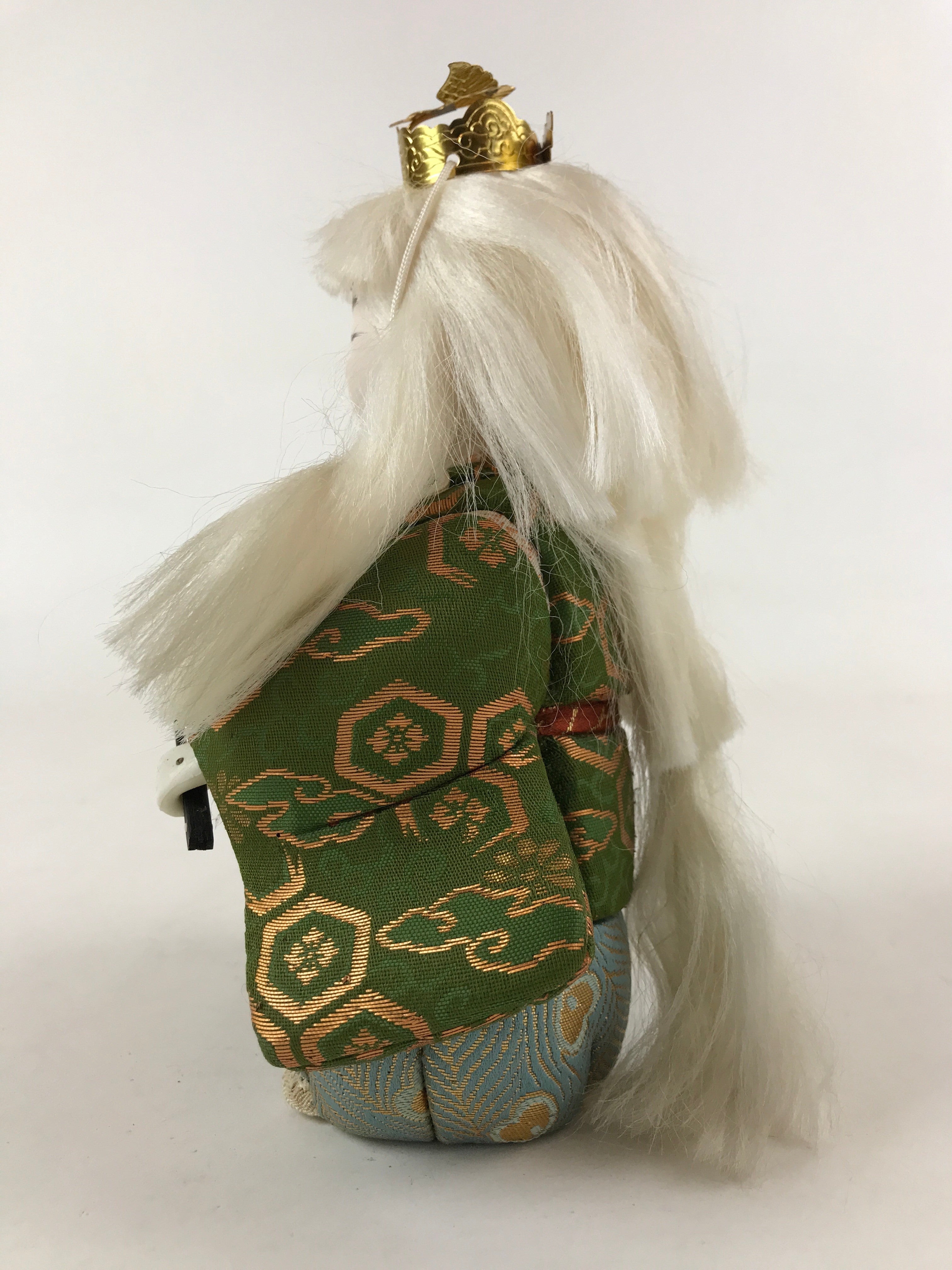 Japanese Renjishi Kabuki Lion Doll Vtg White Hair Mokume Komi Wood Silk ID542