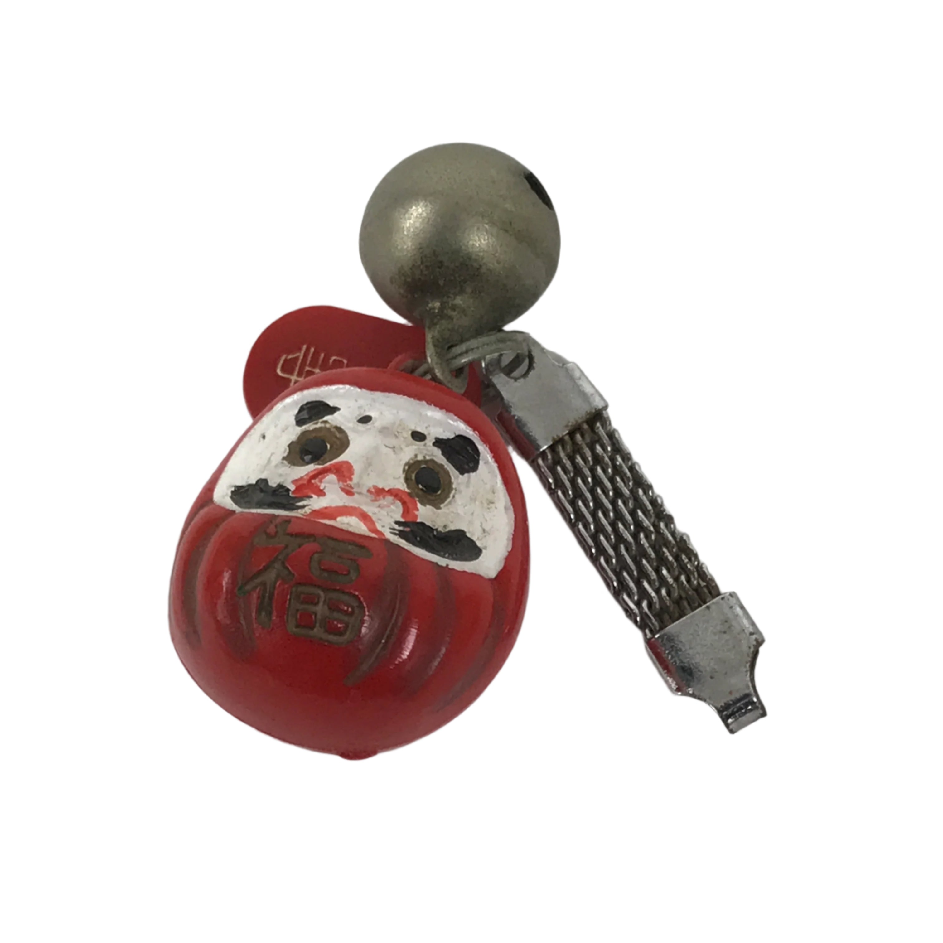 Japanese Resin Daruma Bell Keychain Vtg Phone Strap Metal Chain Amulet Red JK875