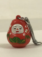 Japanese Resin Hime Daruma Doll Bell Keychain Vtg Metal Chain Amulet Red JK874