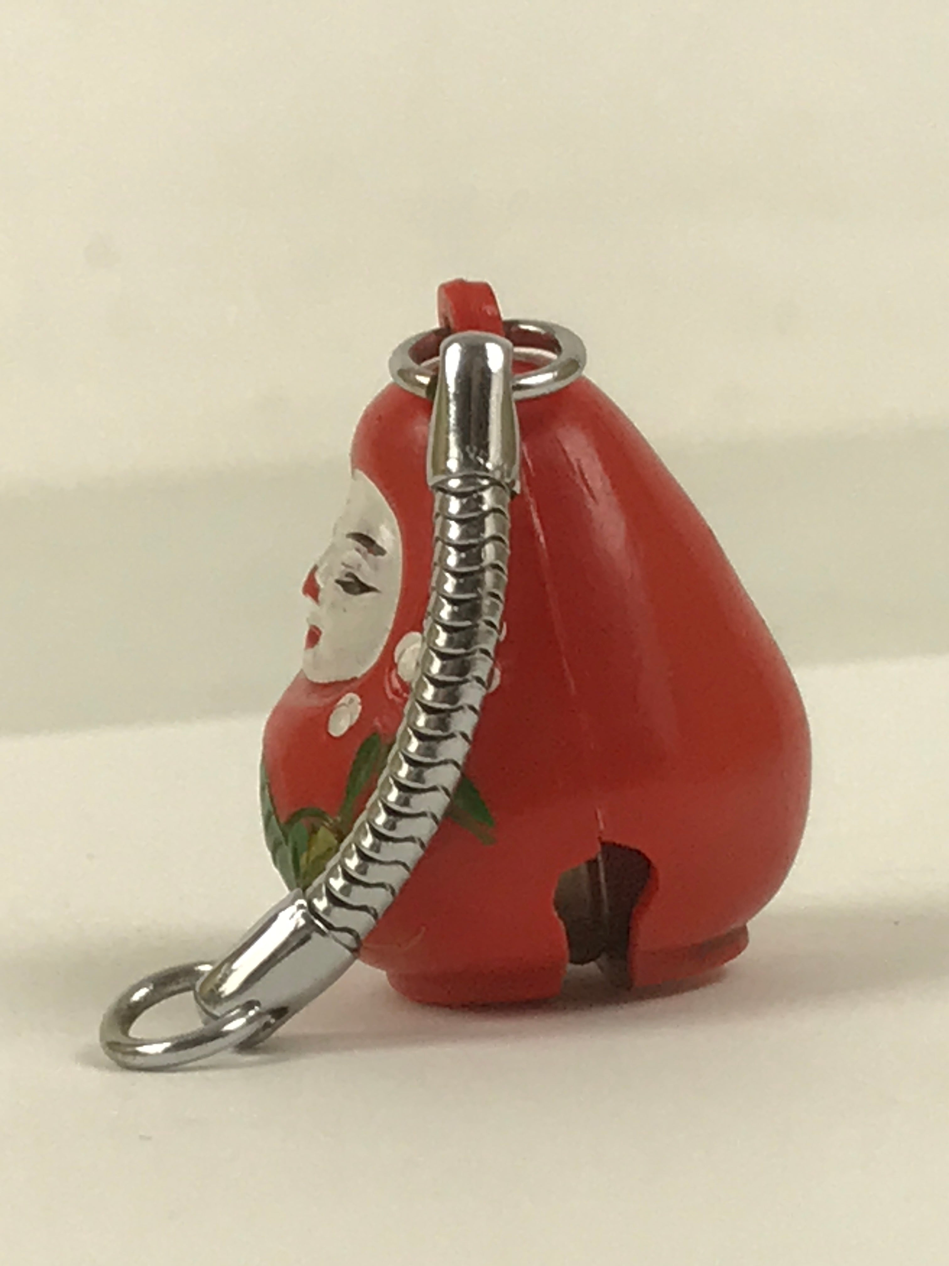 Japanese Resin Hime Daruma Doll Bell Keychain Vtg Metal Chain Amulet Red JK874