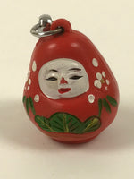 Japanese Resin Hime Daruma Doll Bell Keychain Vtg Metal Chain Amulet Red JK874