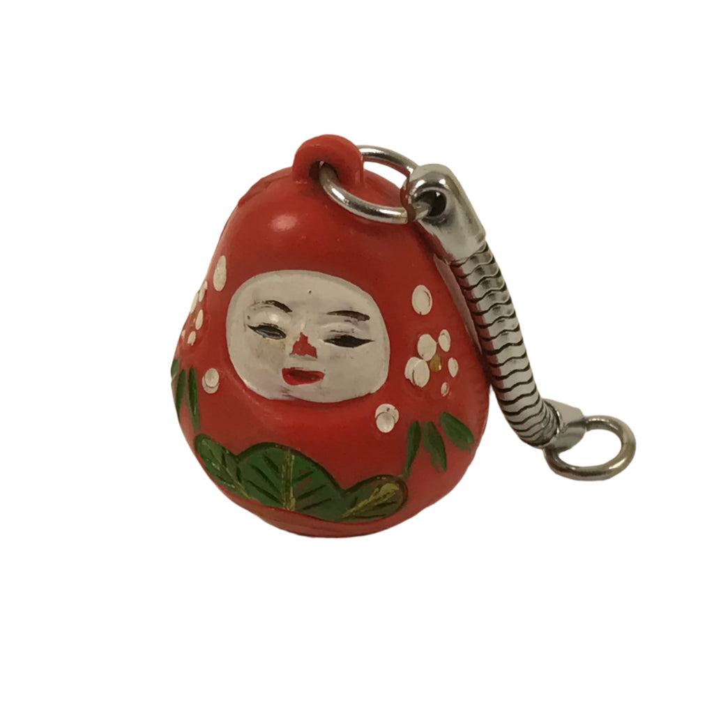 Japanese Resin Hime Daruma Doll Bell Keychain Vtg Metal Chain Amulet Red JK874