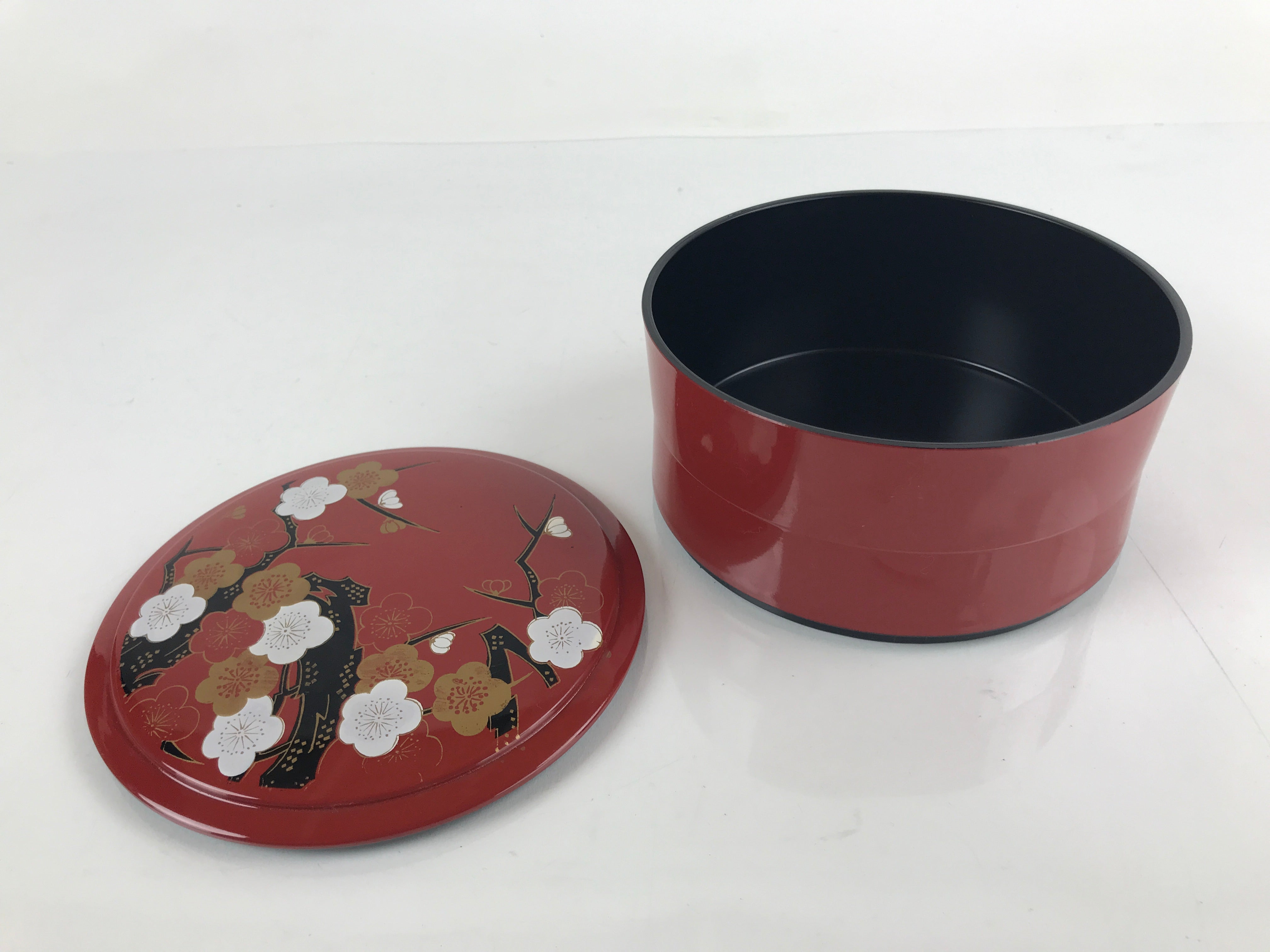 Japanese Resin Lacquer Replica Lidded Bento Lunch Box Vtg Round Plum Red L220