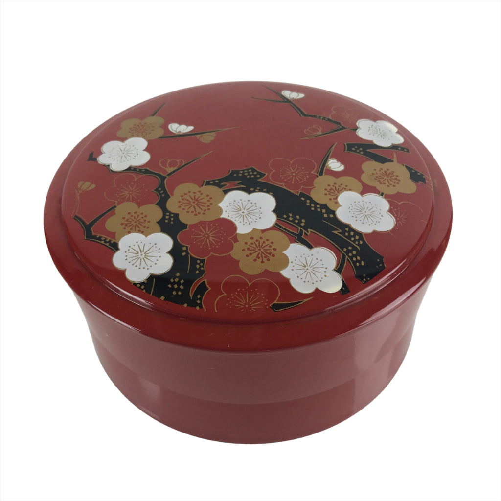 Japanese Resin Lacquer Replica Lidded Bento Lunch Box Vtg Round Plum Red L222
