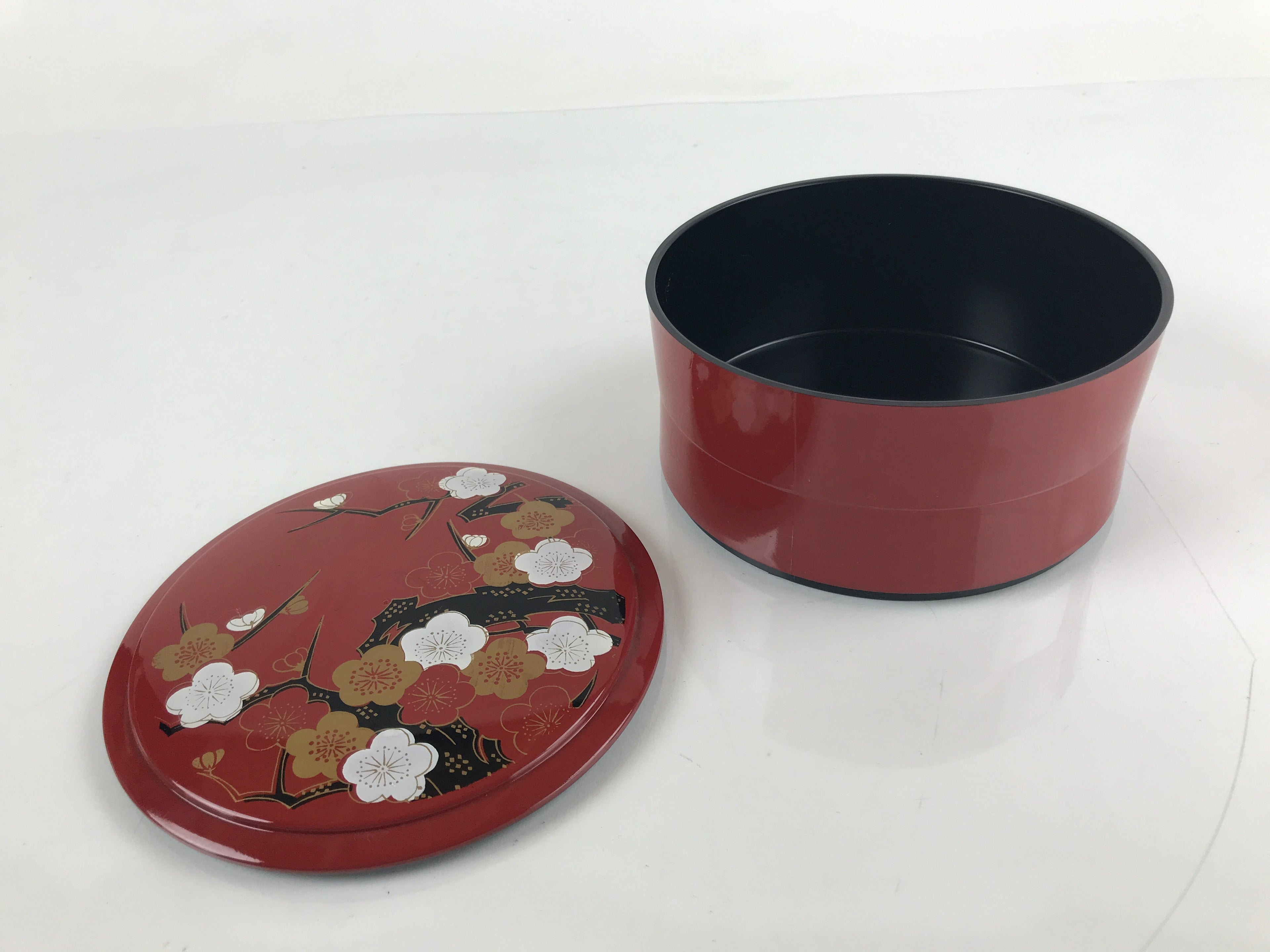 Japanese Resin Lacquer Replica Lidded Bento Lunch Box Vtg Round Plum Red L223