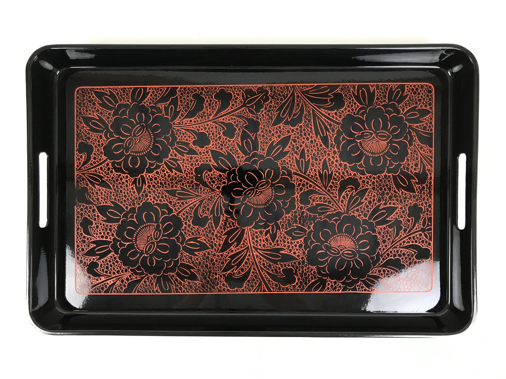 Japanese Resin Lacquer Replica Serving Tray Obon Rectangle Black Red Peony L591