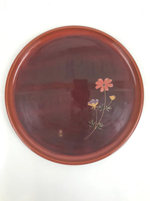 Japanese Resin Lacquer Replica Serving Tray Vtg Round Obon Cosmos Flower L315