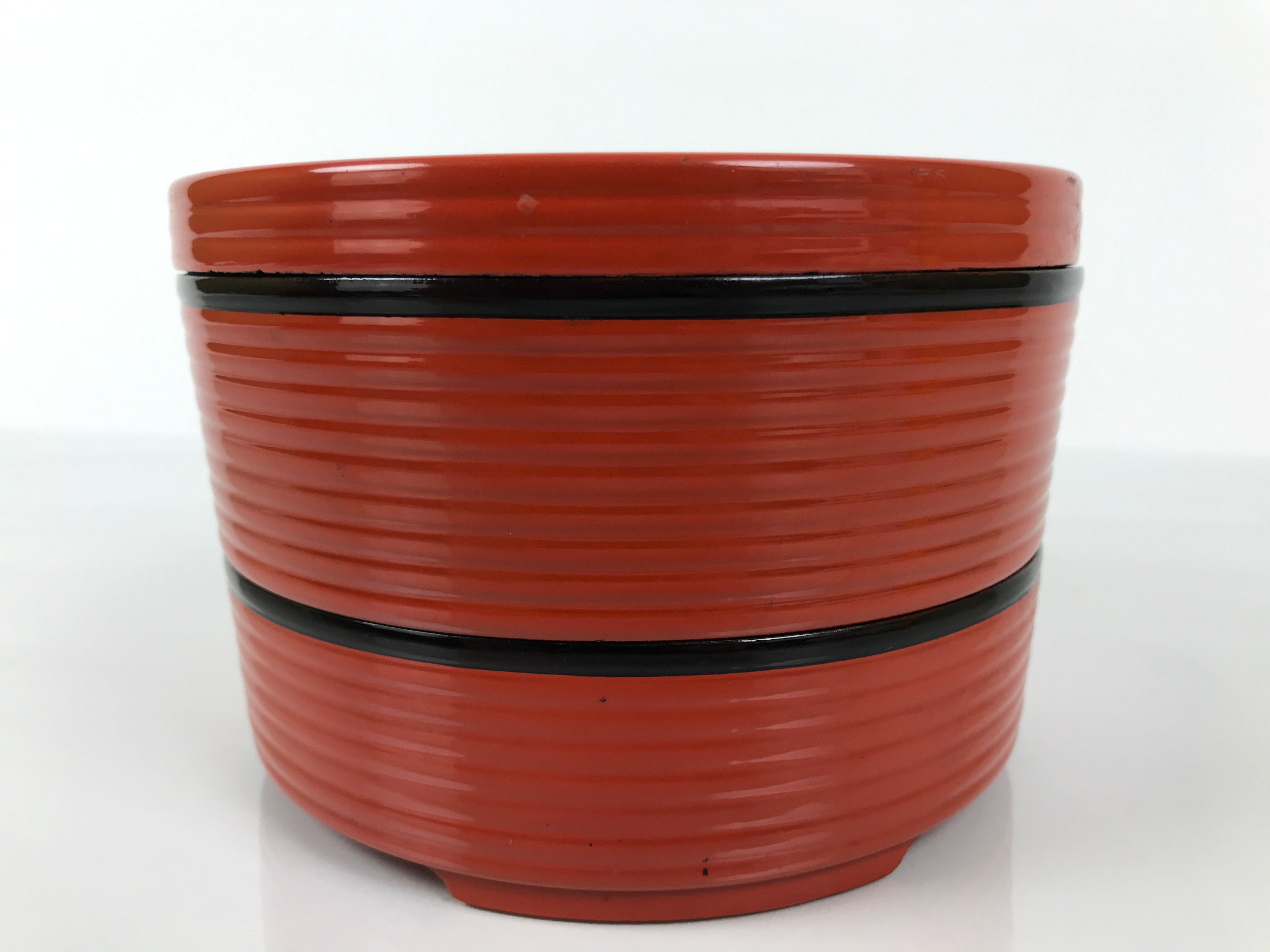 Japanese Resin Lidded Bento Lunch Box Vtg 2 Tier Jubako Round Red Black L546