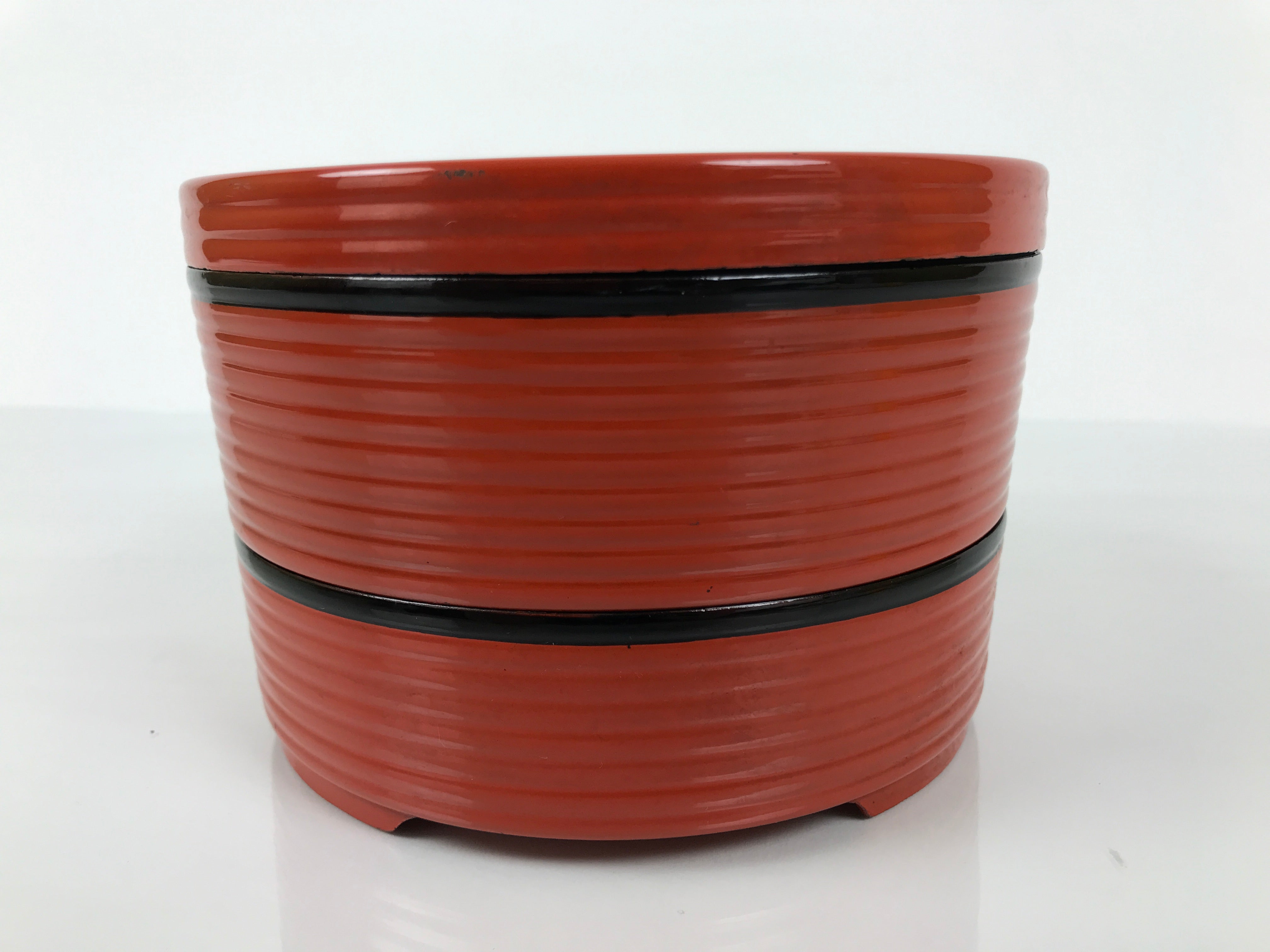 Japanese Resin Lidded Bento Lunch Box Vtg 2 Tier Jubako Round Red Black L546